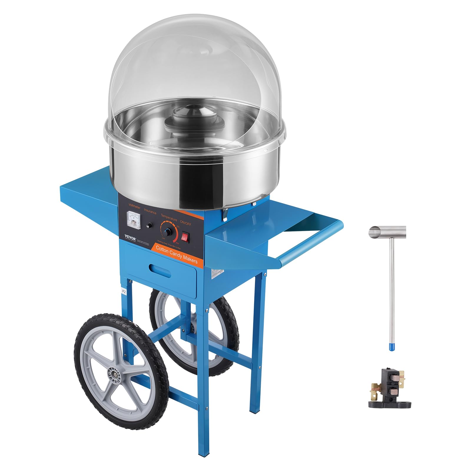 VEVOR Electric Cotton Candy Machine Cart with Cover, 1000W Commercial Floss Maker w/Stainless Steel Bowl, Sugar Scoop and Drawer, Perfect for Home, Carnival, Kids Birthday, Family Party, Blue