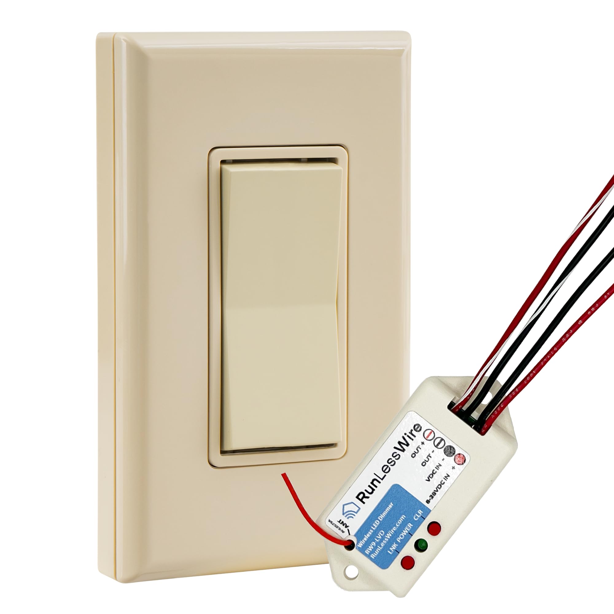 RunLessWire Low Voltage 8-30VDC Dimming Self Powered (NO Batteries) Wireless Light Switch - No Wiring, Battery, or WiFi Needed - Basic Low Volt Dimmer Kit: 1 Receiver, 1 Switch – Light Almond