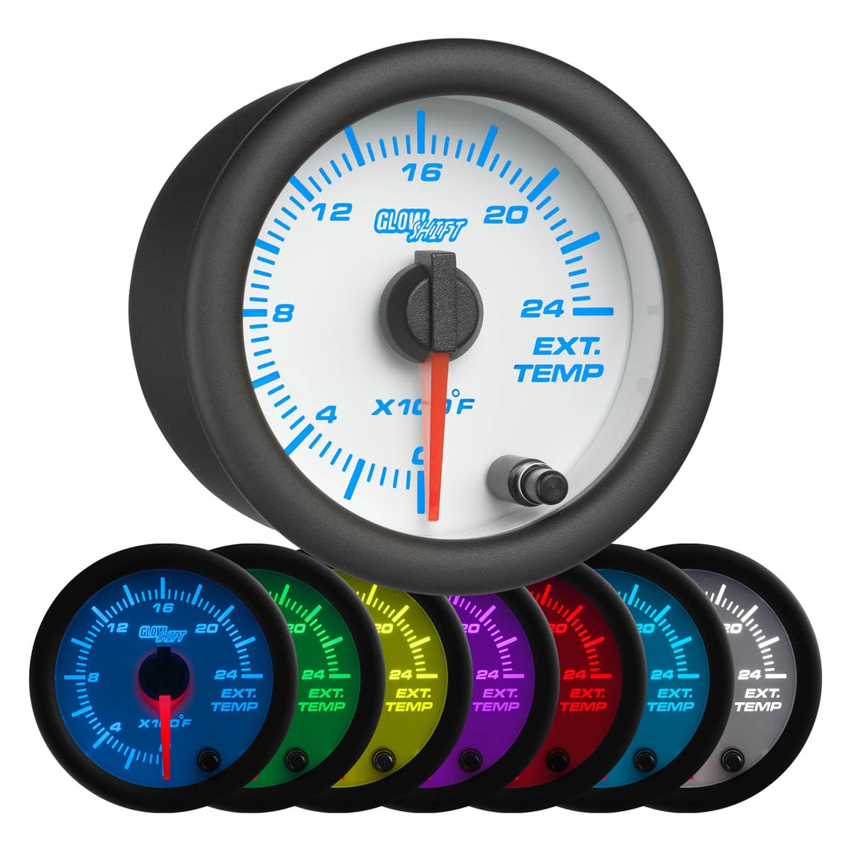 GlowShift White 7 Color 2400 F Pyrometer Exhaust Gas Temperature EGT Gauge Kit - Includes Type K Probe - White Dial - Clear Lens - for Car & Truck - 2-1/16" 52mm
