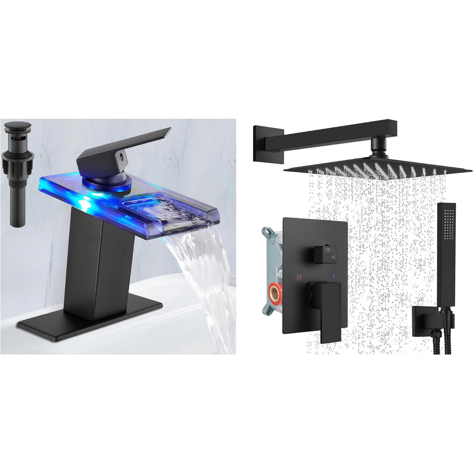 Midanya Matte Black Waterfall LED Bathroom Sink Faucet for 1 or 3 Hole with Matte Black 10 inch Wall Mount Rain Shower System Shower Faucet Set Square Rainfall Shower Head