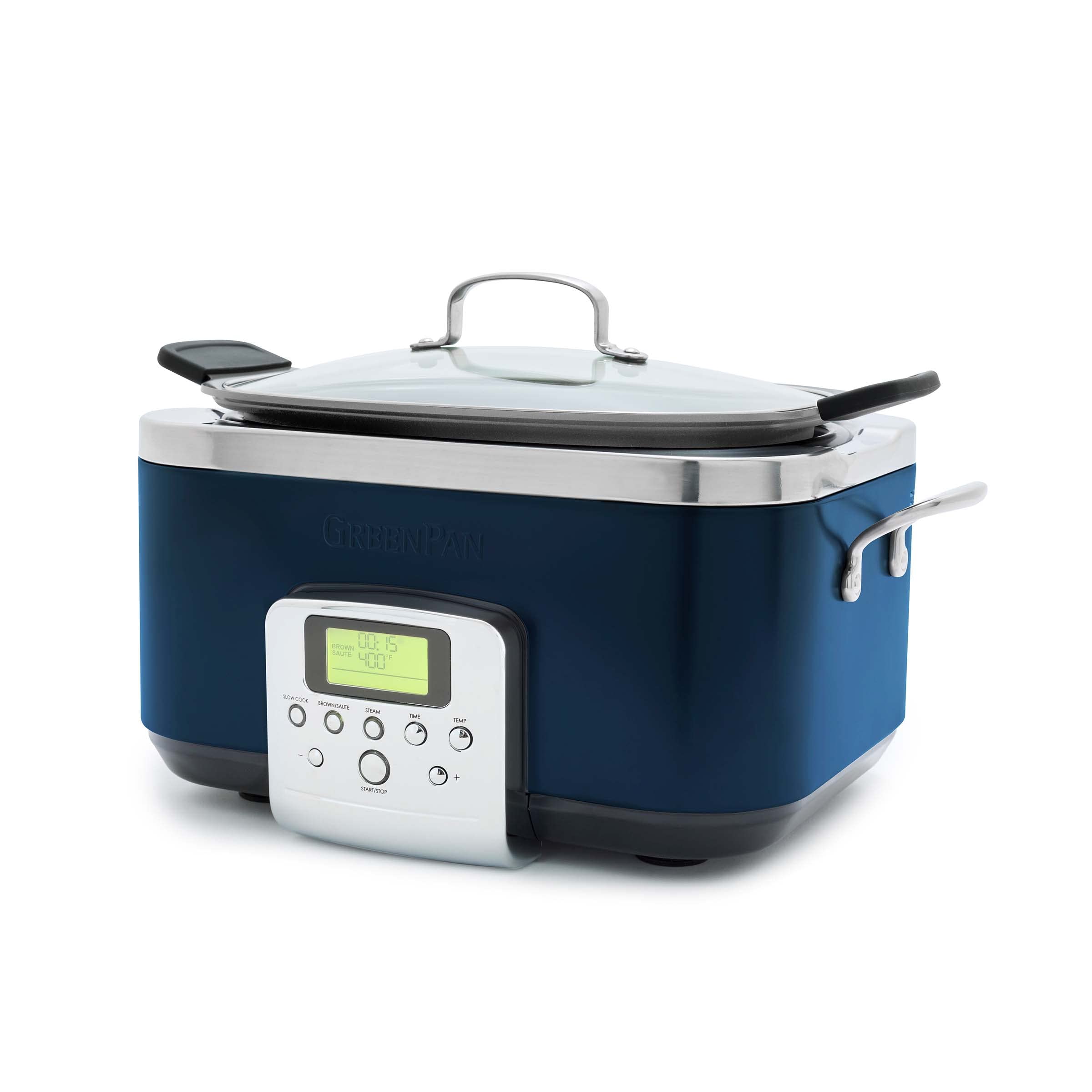 GreenPan Elite 8 - in -1 Programmable 6QT Electric Slow Cooker, Dishwasher Safe Lid & Removable Crock, PFAS-Free Healthy Ceramic Nonstick Multi-Cooker,Sear, Sauté/Brown,Steam Basket,Roast, Oxford Blue