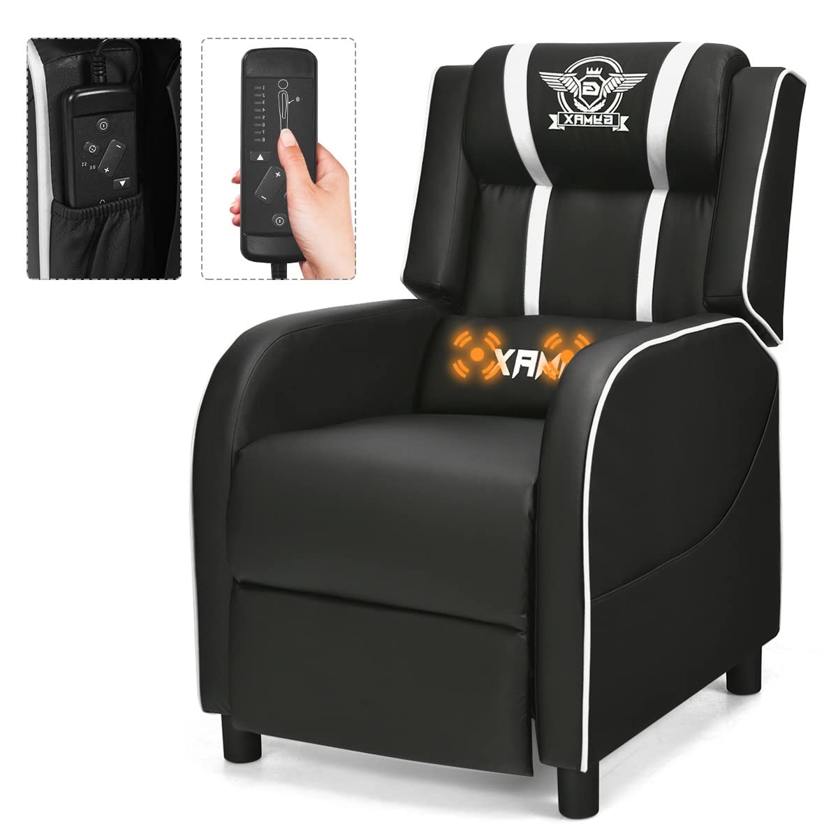 Gaming Recliner, Movie Theater Chair w/Adjustable Backrest & Footrest, Massage Lumbar Pillow, Racing Single Sofa, PU Leather Reclining Chair for Gaming Room, Home Theater (White)