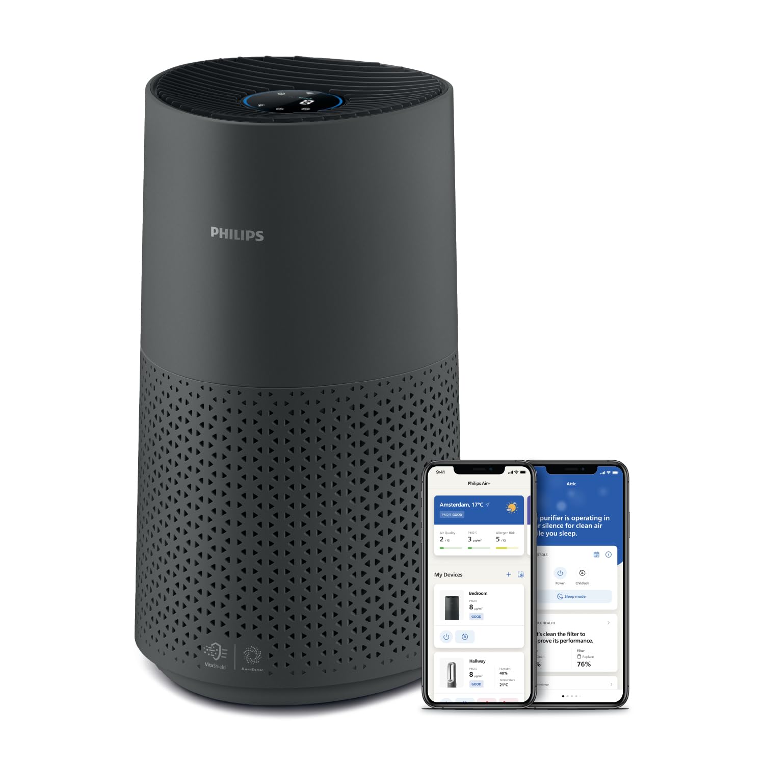PHILIPS Air Purifier 1000 Series, Purifies Rooms up to 1.118 ft² (in 1h),149 CMF CADR,HEPA & Active Carbon Filter,AHAM and Energy Star Certified,99.99% allergen removal,Connected, AC1715/41, Dark Gray