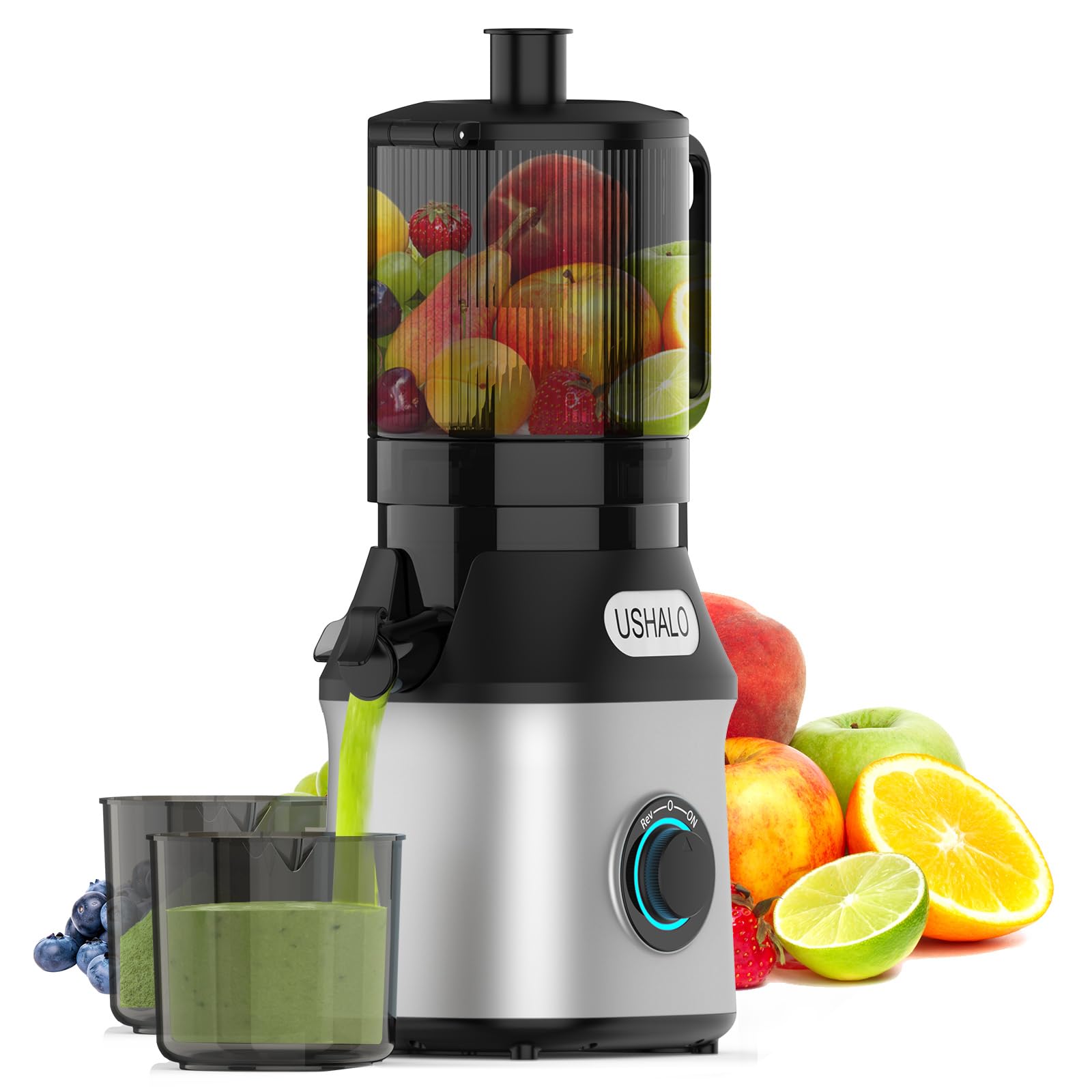 USHALO Cold Press Juicer, Juicers Machines with 5.5" Wide Feed Chute Fit Whole Fruit and Vegetable, 300W Slow Masticating Juicers, High Juice Yield, Easy to Clean