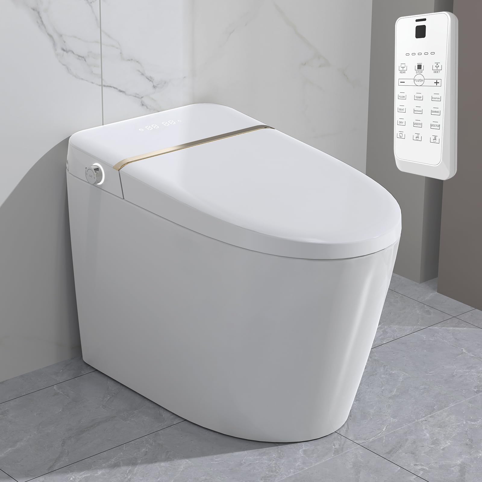 SPOWAY Smart Toilet, Elongated One Piece Bidet Toilet with Bidet Built In, Tankless Smart Bidet Toilet with Auto Open Close, Auto Flush, Foot Sensor, Heated Bidet Seat, LED Display, Night Light