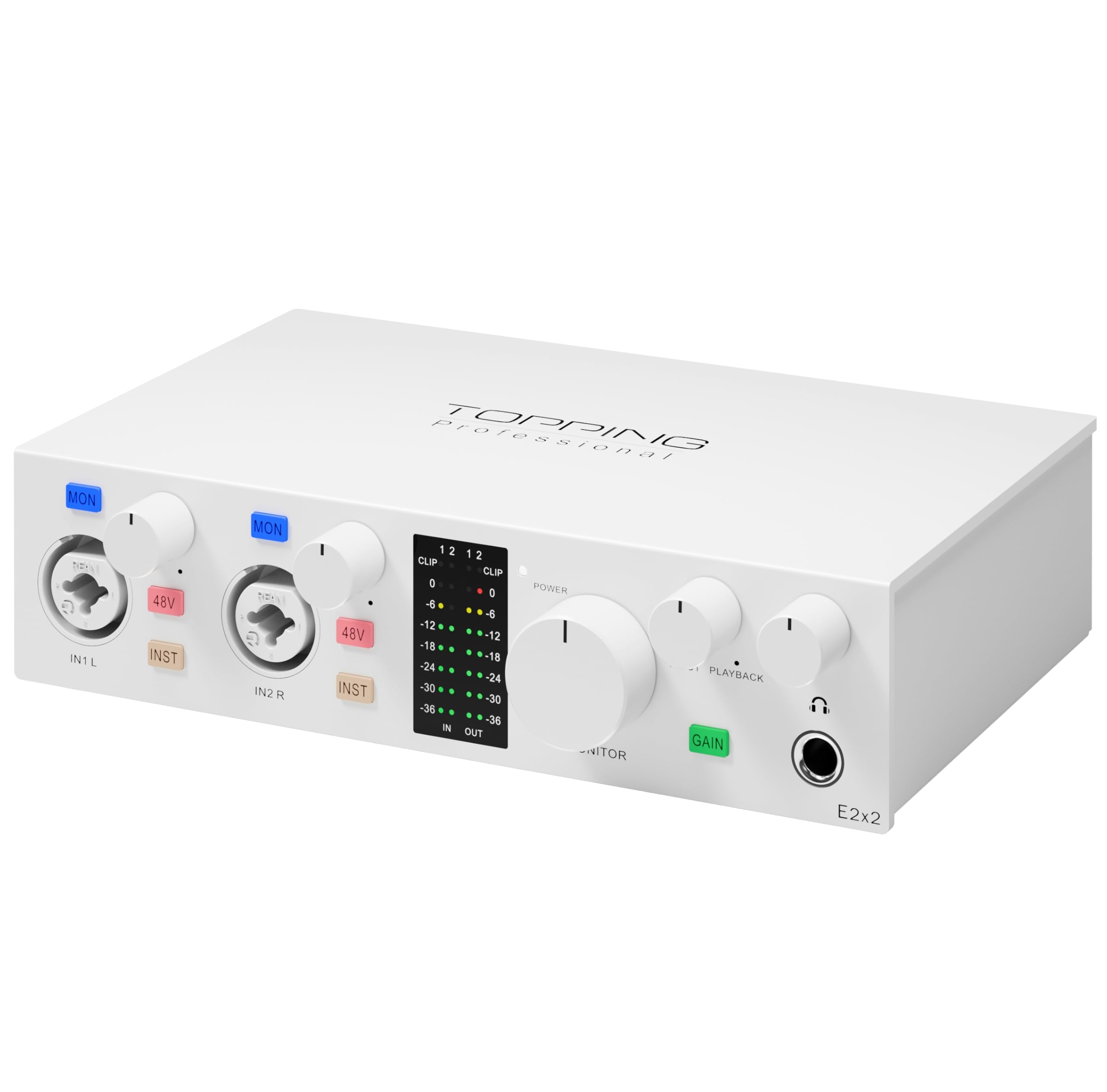 TOPPING E2X2 USB Audio Interface - High-Performance Mixer & Recording Interface for PC, Mac, iPhone & Android - Ultra-Linear Preamp, 48V Phantom Power, Low Noise, Real-Time Monitoring (White)