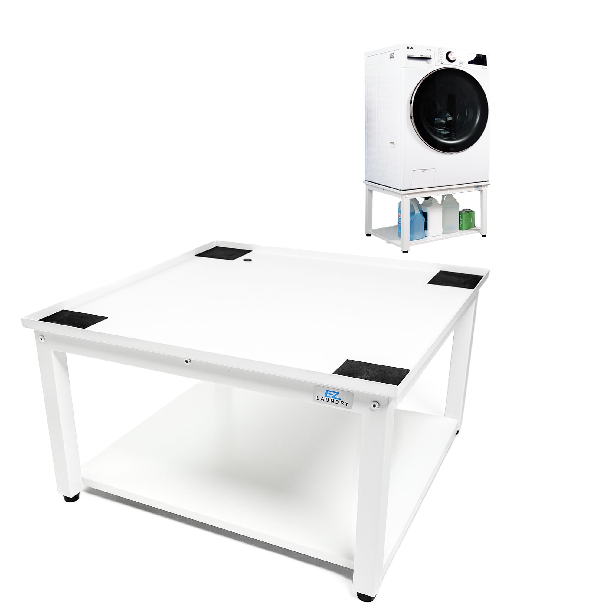 EZ Laundry - Laundry Pedestal for Washer/Dryer, 27" Anti-Vibration Steel Stand with Adjustable Feet Elevates 16", Includes Drain Pan & Hose (White)