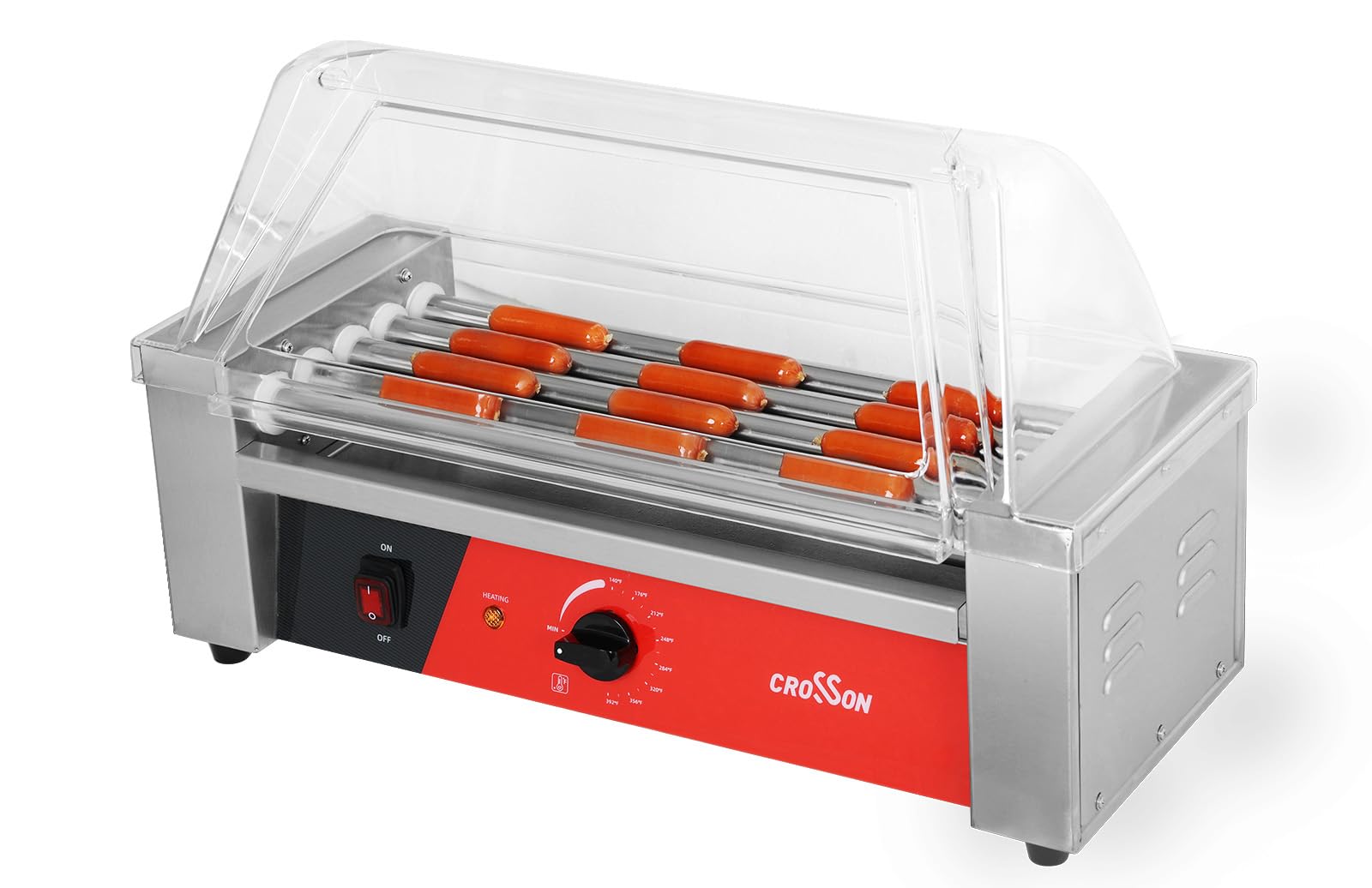 CROSSON 12 Hot Dog 5 Roller Grill Machine with Transparent Sneeze Guard,5 Nonstick 304SS Rollers Commercial Hot Dog Cooker Machine-120V, 750W