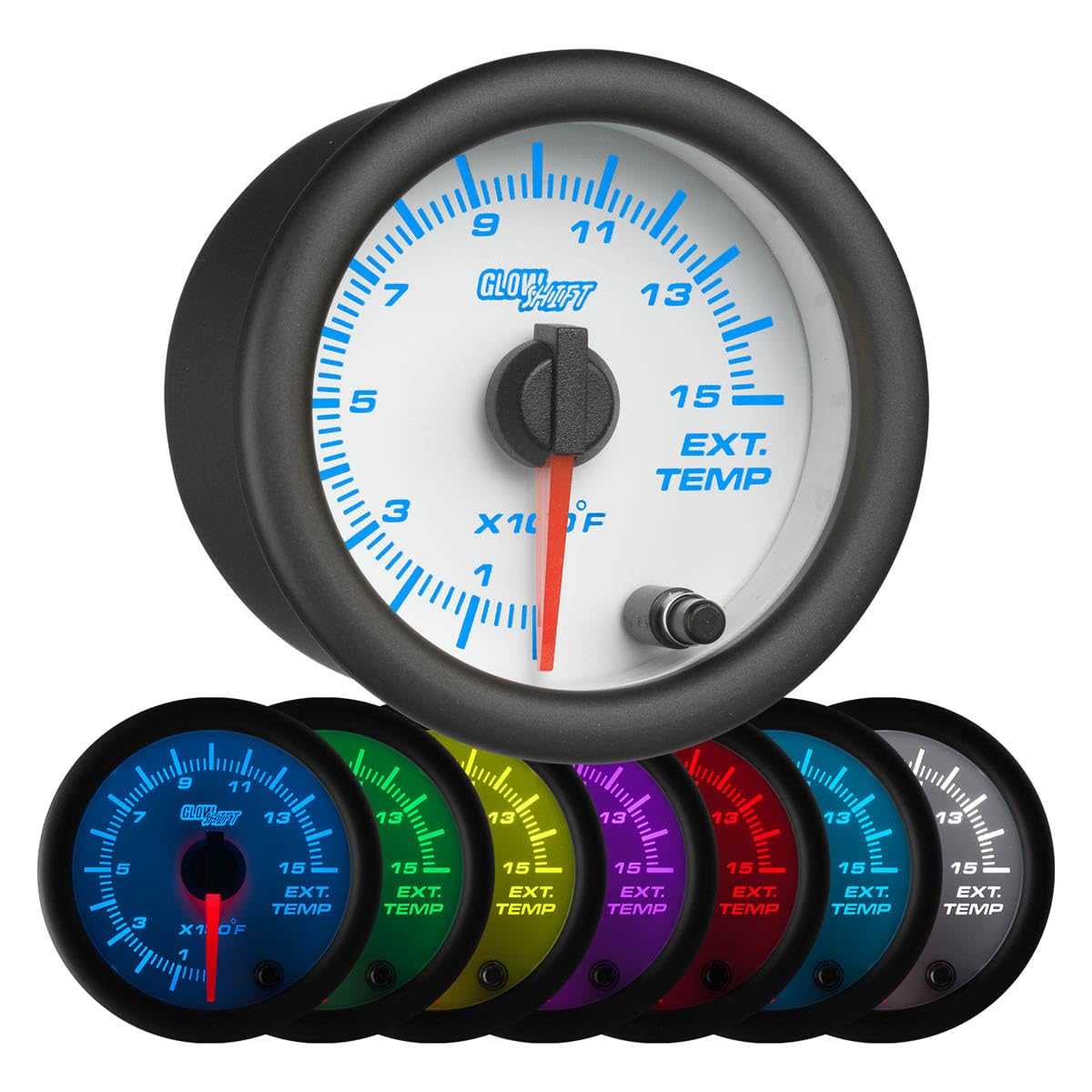GlowShift White 7 Color 1500 F Pyrometer Exhaust Gas Temperature EGT Gauge Kit - Includes Type K Probe - White Dial - Clear Lens - for Diesel Trucks - 2-1/16" 52mm