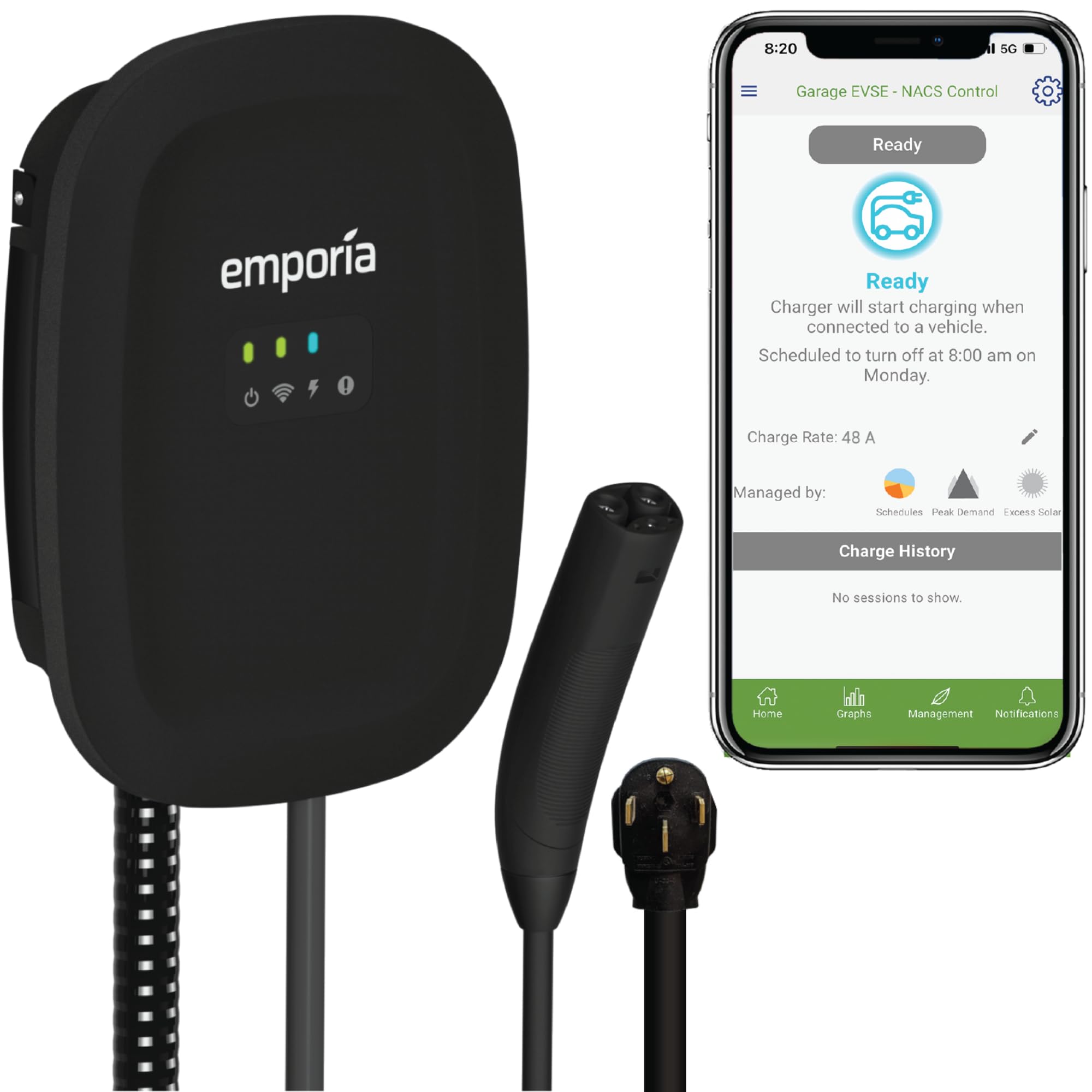 EMPORIA Level 2 EV Charger - NEMA 14-50 EVSE w/NACS, Compatible with Tesla - 48 amp EV Charger Level 2, 240v Electric Vehicle Charging Station, UL/Energy Star, 24ft Electric Car Charger Cable, Black