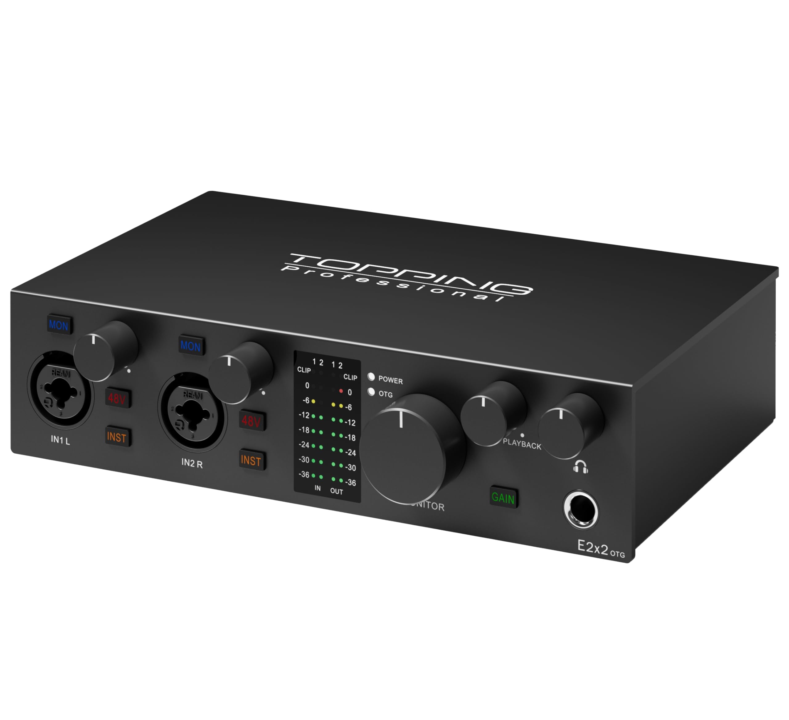 TOPPING E2x2 OTG USB Audio Interface - Ultra-Linear Preamp & Powerful Headphone Amp,Optical Output, Dual Mobile Streaming, Zero-Latency, 192kHz/24bit Recording, PC/Mobile Compatible (Black)