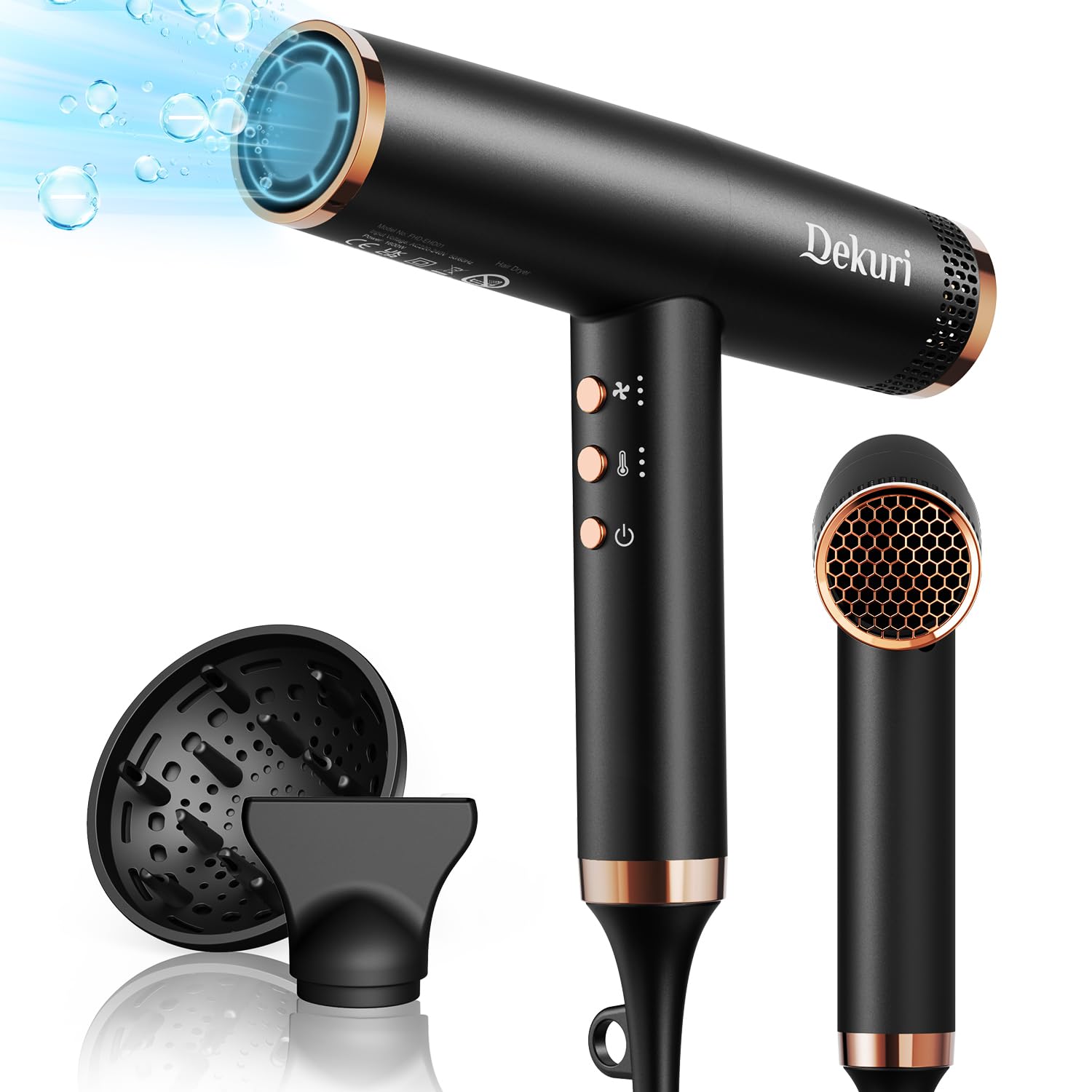 Dekuri Hair Dryer, 110,000 RPM High-Speed Professional Blow Dryer for Fast Drying, 200 Millions Ionic Lightweight Hairdryer with Magnetic Diffuser & Nozzle, Low Noise, 4 Temps & 3 Speeds, Starry Black