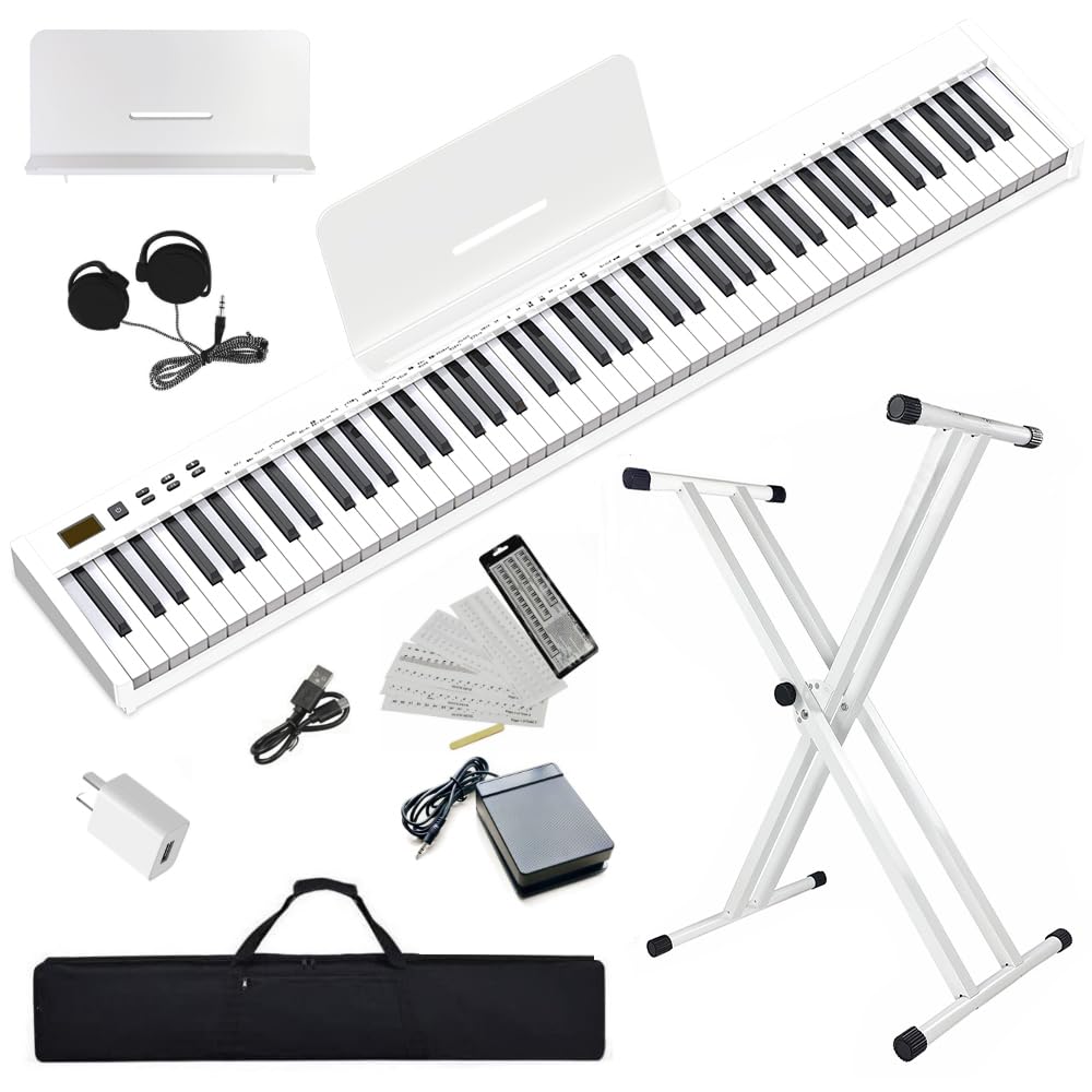 NikoMaku Piano Keyboard 88 Keys Semi-weighted Compact Portable Digital Piano Set for Beginners with Stand, Carrying Case, Sustain Pedal, Headphones, SWAN-S White