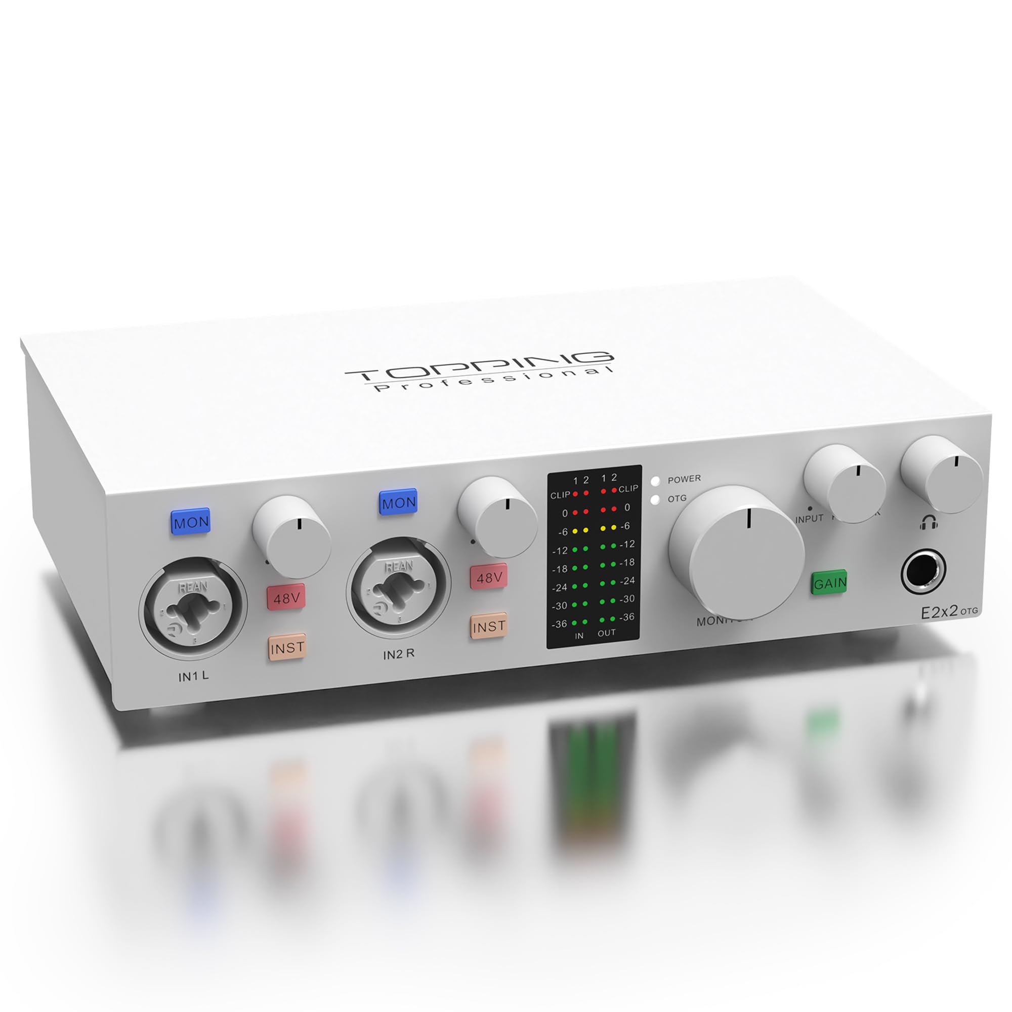 TOPPING E2x2 OTG USB Audio Interface - Ultra-Linear Preamp & Powerful Headphone Amp,Optical Output, Dual Mobile Streaming, Zero-Latency, 192kHz/24bit Recording, PC/Mobile Compatible(White)