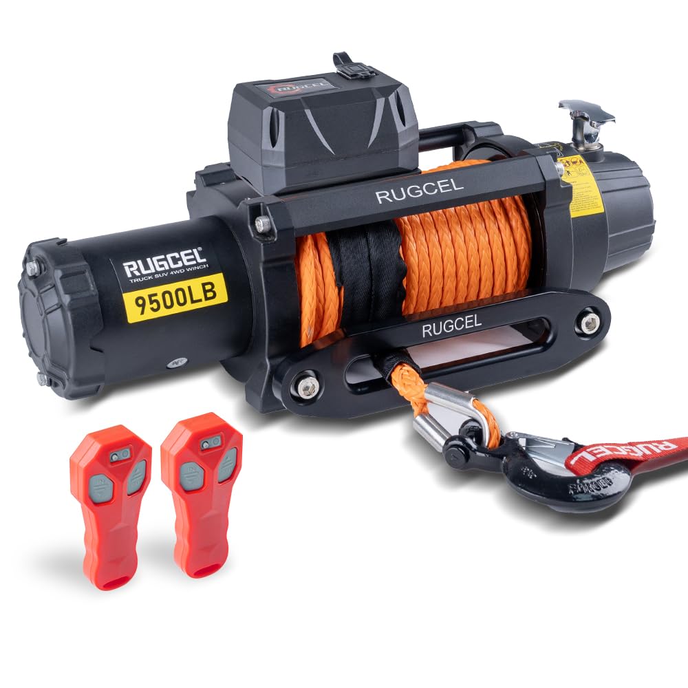 RUGCEL WINCH 9500lb Waterproof Electric Synthetic Rope Powerful Fast 12v Jeep Winch with Hawse Fairlead, Wired Handle and 2 Wireless Remote