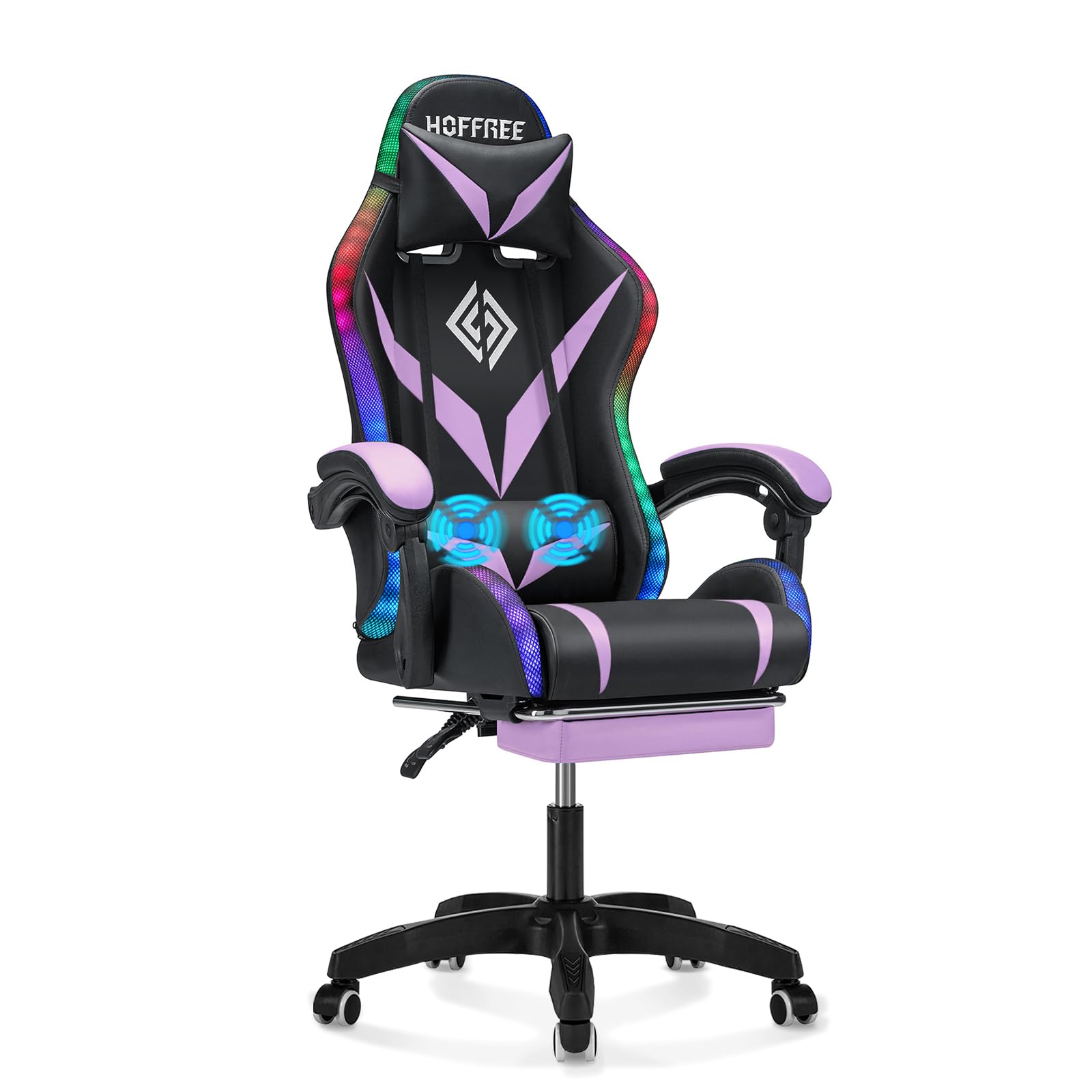 Gaming Chair with Massage and LED Lights Ergonomic Computer Chair with Footrest Reclining High Back Video Game Chair for Adults with Adjustable Lumbar Support Purple and Black