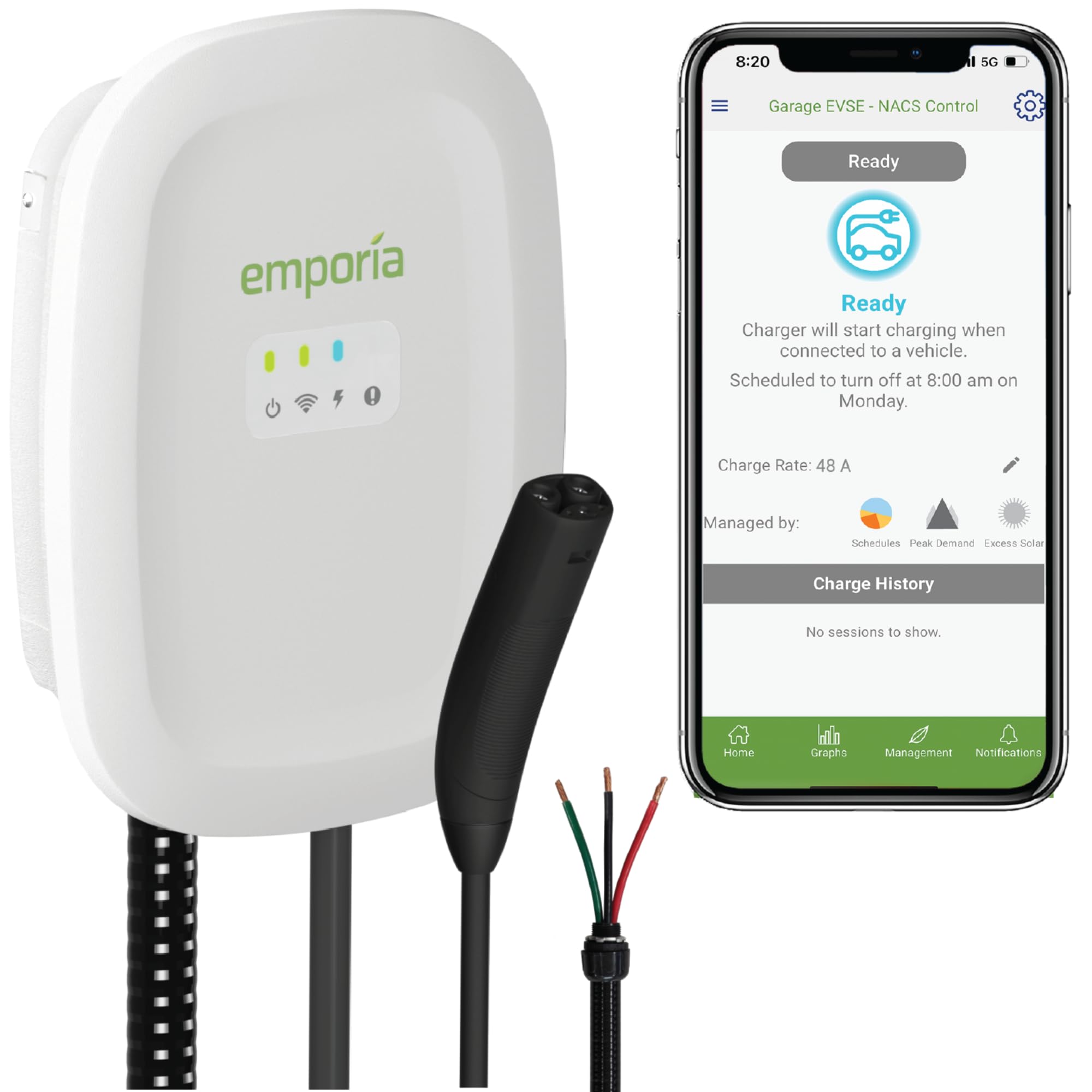 EMPORIA Level 2 EV Charger w/NACS, Compatible with Tesla - 48 amp Electric Car Charger, Preconfigured for Hardwired Install with Whip, UL/Energy Star WiFi-Enabled EVSE, 24ft Cable, White