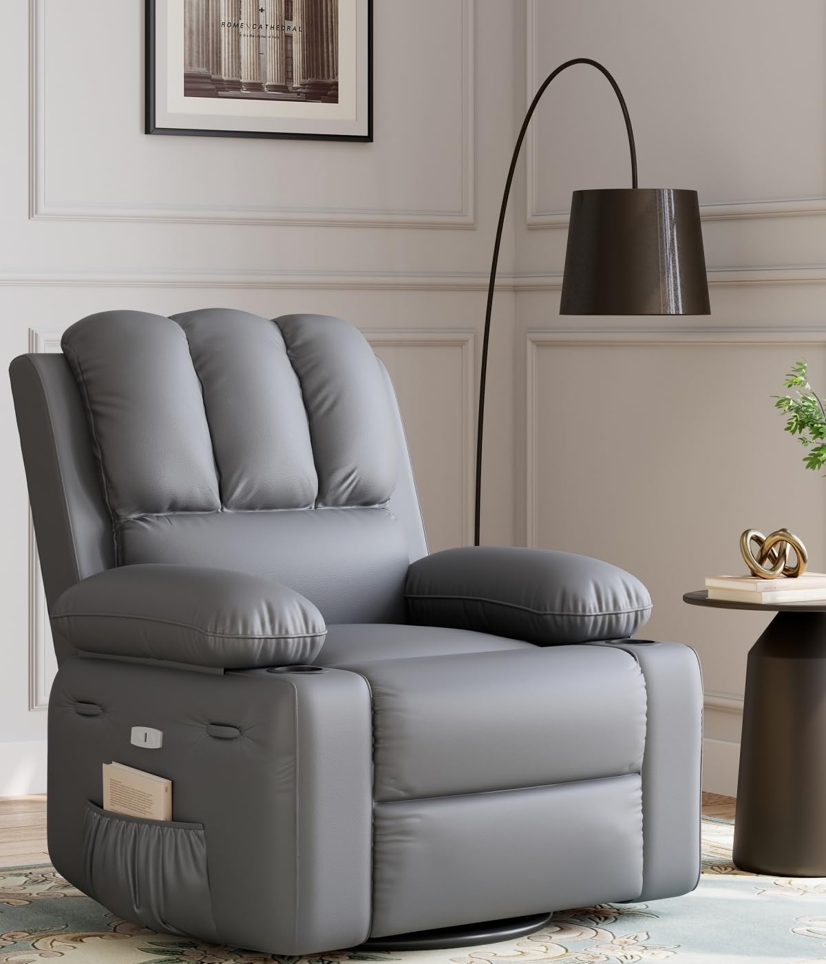 Oversized Power Recliner Chairs with Massage and Heat - 360° Swivel Faux Leather Rocking Chair for Adults with Cup Holder for Living Rooms, Bedrooms, and Nurseries - Grey