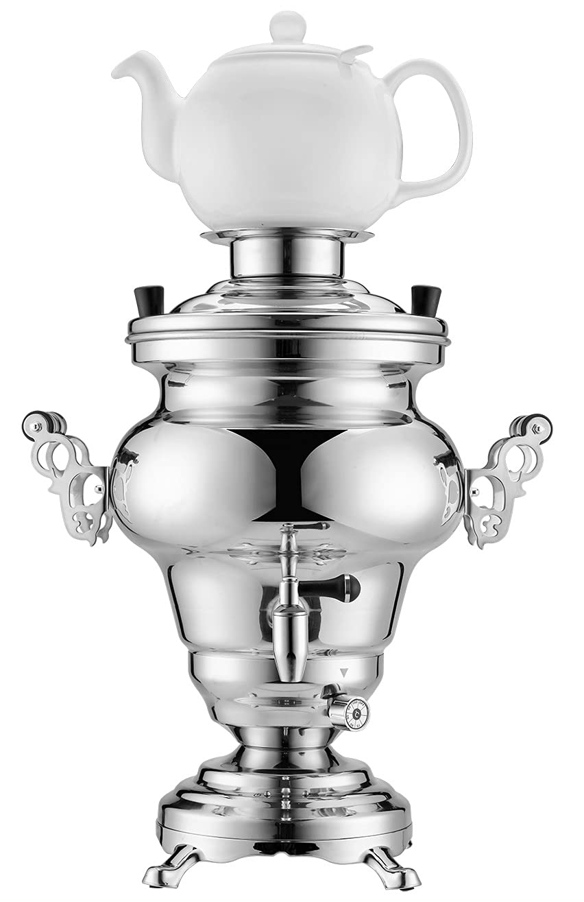 APL Electric Samovar Russian Persian Turkish Tea Maker Water Kettle Stainless Steel Ceramic Porcelain Teapot 5+1=6 Liter 110V 1000W Auto Shut Off, Keep Warm, 14x11x17, AI318