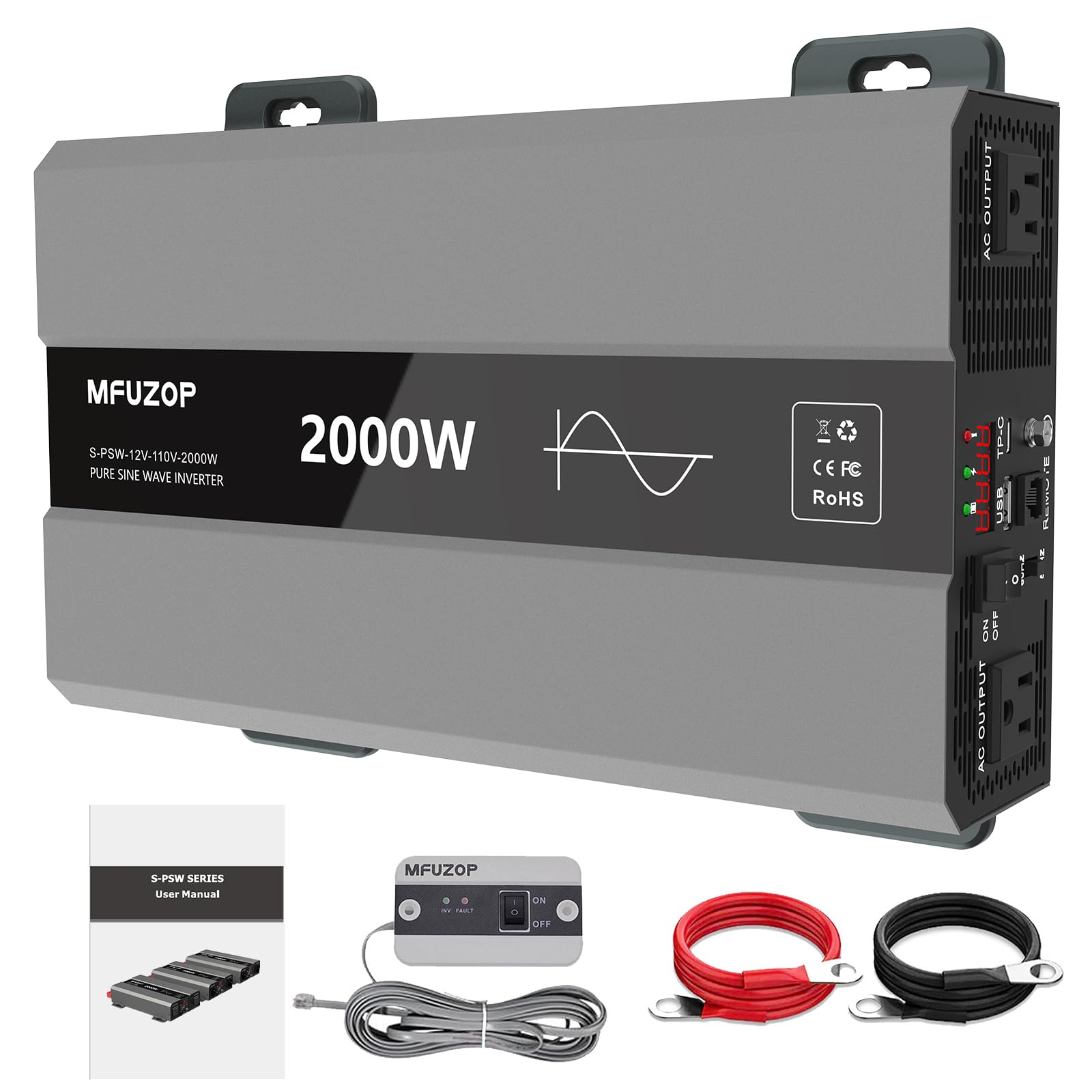 MFUZOP Pure Sine Wave Inverter 2000w Power Inverter Dc 12v to 110v 120v Converter for Rv Truck Home Camping with Wiring Terminal USB and Type-C with 2 Ac Outlets LCD Display Remote Control
