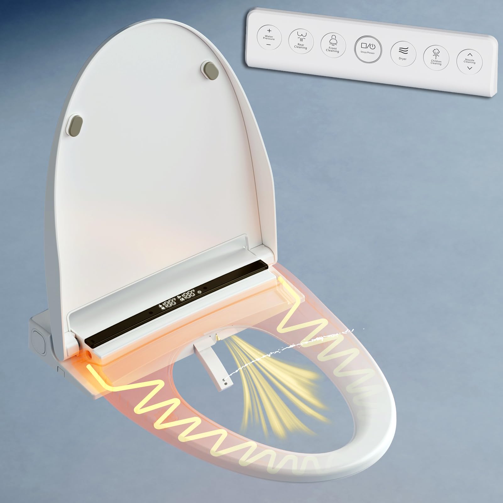 Electric Bidet Toilet Seat with Warm Water, Heated Bidet Attachment for Toilet with Dryer, Self Cleaning Elongated Bidet with Remote Control, Black Temp. Display.
