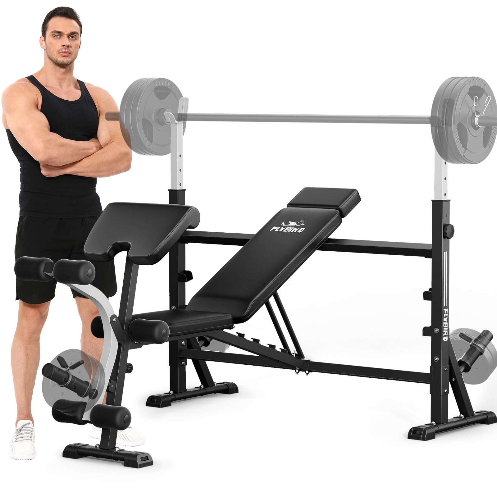 FLYBIRD Olympic Weight Bench, Adjustable Bench Press with Squat Rack, Leg Developer, Preacher Curl Pad for Home Gym, Full-Body Workout Bench（1000Lbs Weight Capacity/2025 New Version）