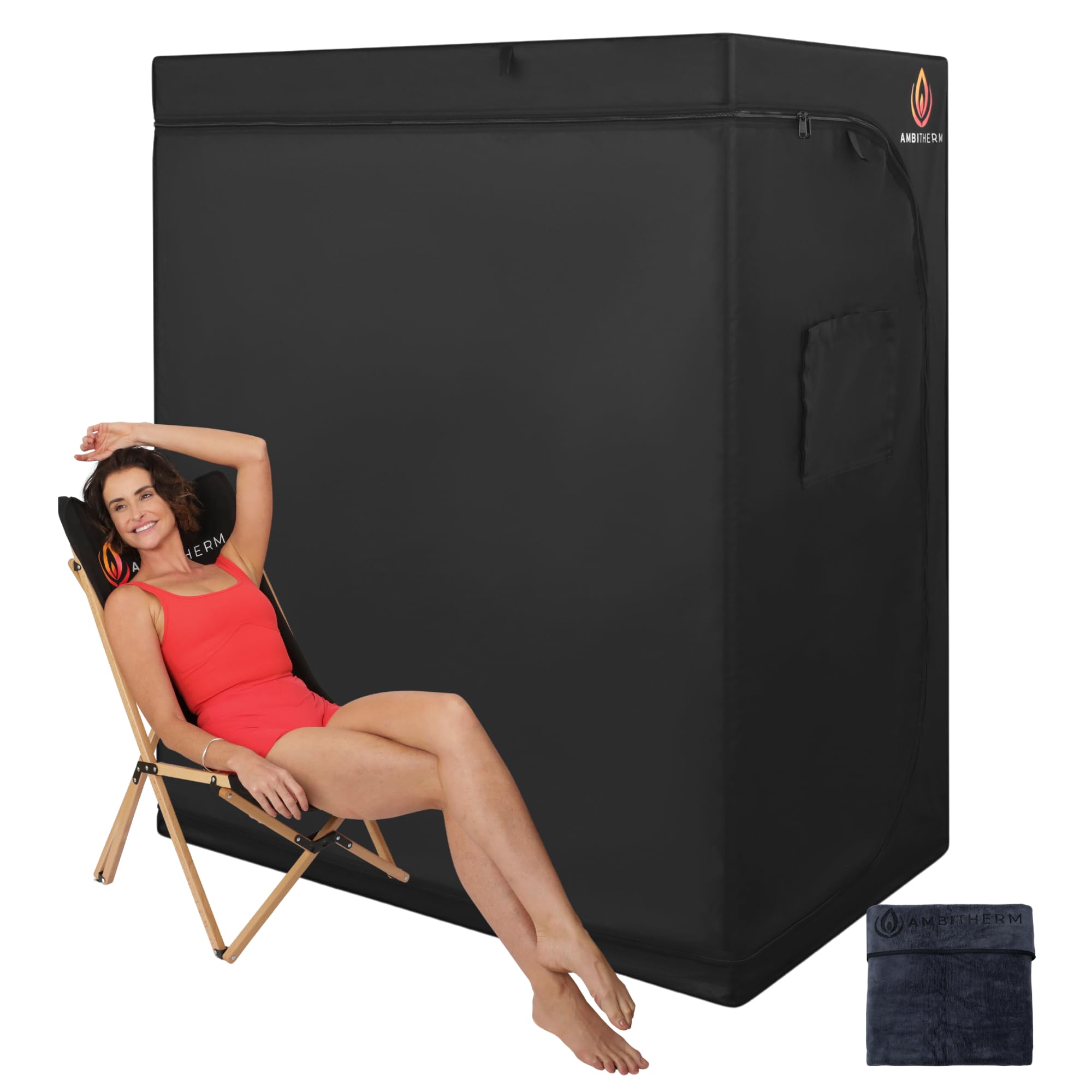 AMBITHERM XL Infrared Sauna – Extra-Large Sauna Tent, 50% More Legroom, Deep Relaxation with 6 Infrared Panels; High-Back Beechwood Chair, Spacious Design and Device Holder