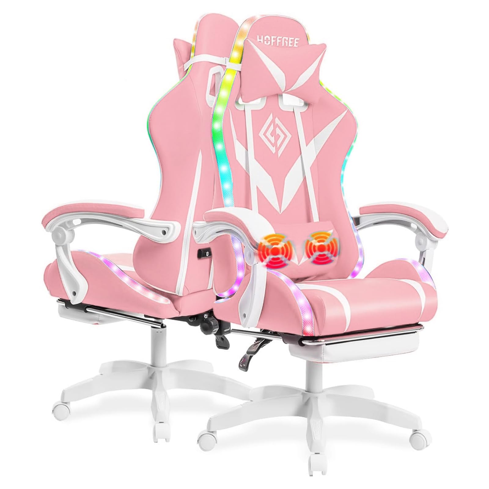HOFFREE Gaming Chair with Massage and LED Lights Ergonomic Video Game Chairs with Footrest High Back Reclining Computer Chair with Adjustable Lumbar Support Pink and White