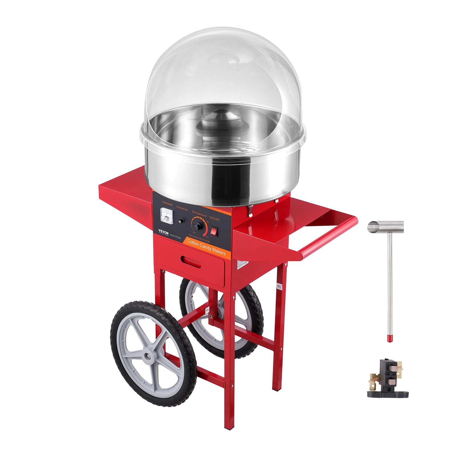 VEVOR Electric Cotton Candy Machine Cart with Cover, Commercial Floss Maker w/Stainless Steel Bowl, Sugar Scoop and Drawer, Perfect for Home, Carnival, Kids Birthday, Family Party, Red