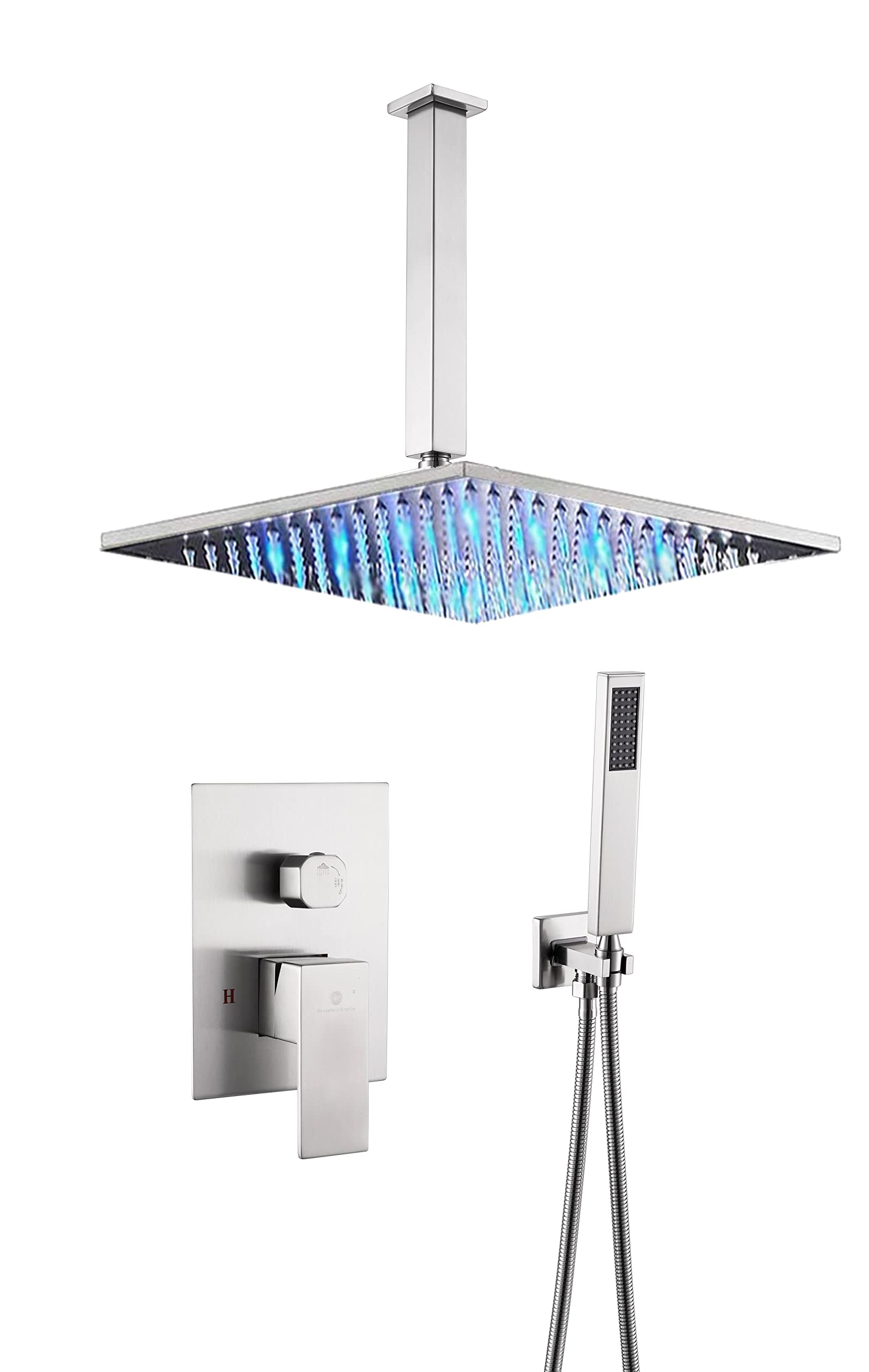Brushed Nickel Ceiling Mount 16 inch 3-Color LED Lights Rainfall Shower Head 2 Way Shower Faucet Rough-In Valve Body and Trim Included
