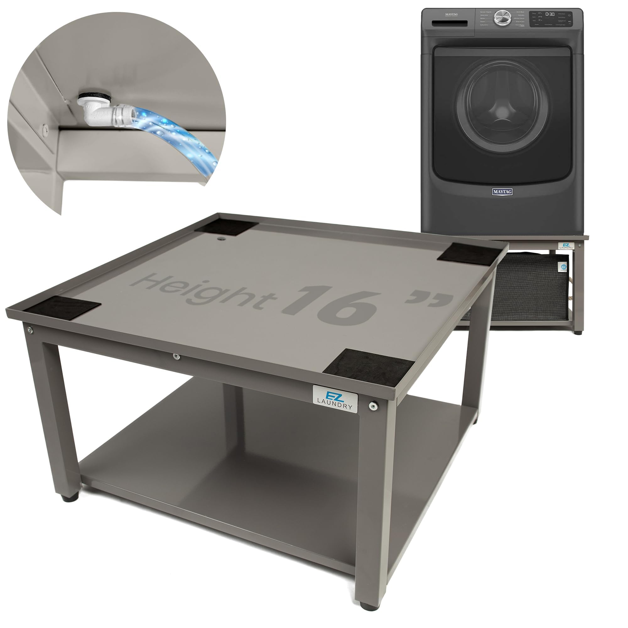 EZ Laundry Laundry Pedestal for Washer and Dryer | 29-Inch Stand with Adjustable Feet | Elevates 16" | includes Drain Pan & Hose | Anti-Vibration Steel | Fits All 29" Wide Washer/Dryer Brands (Grey)