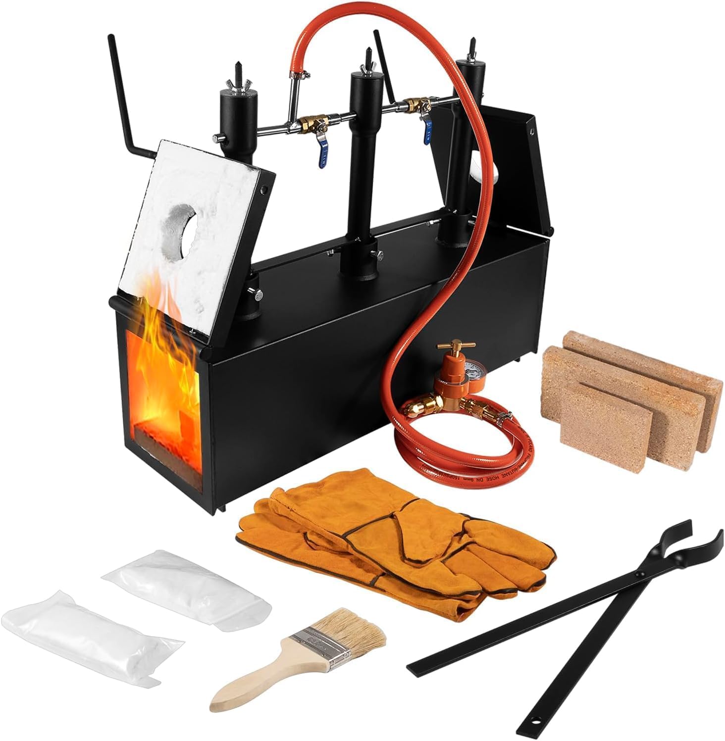 Propane 3 Burners Forge, 2700℉ Blacksmithing Gas Forge, Large Capacity Square Propane Burner Portable Forge with V-Bit Tongs & Leather Gloves for Farrier, Knife and Tool Making