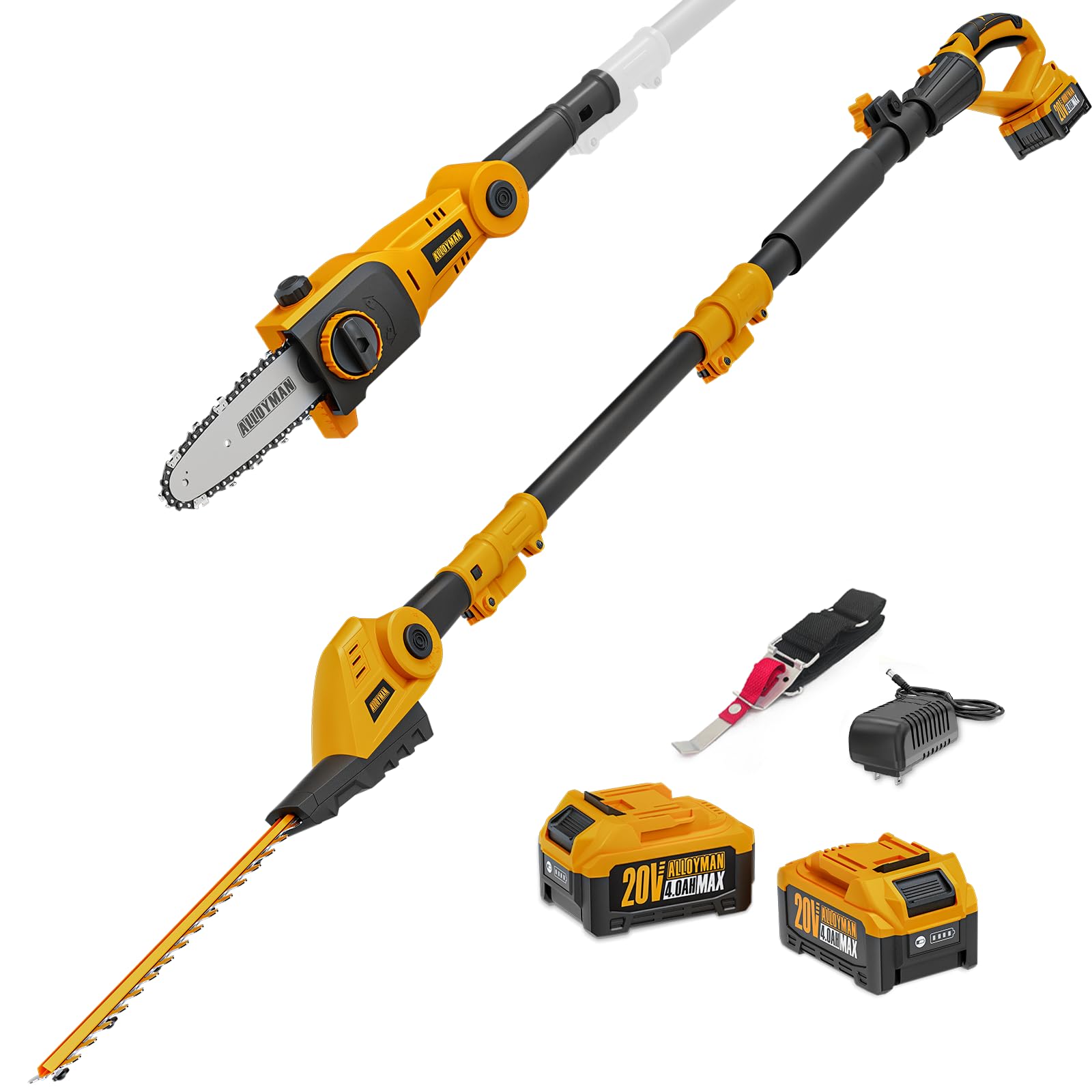 Alloyman Pole Saw 8-Inch Cordless and 16-Inch Pole Hedge Trimmer 2-in-1,with 2 Packs 4.0Ah Batteries & Charger,for Tree Trimming and Shrubs Pruning