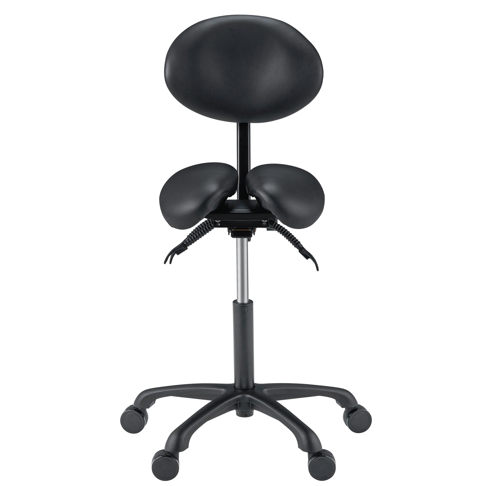 Master Massage Berkeley Ergonomic Saddle Stool -Two Split Part Seat Stool- Hydraulic Swivel Rolling Seat & Saddle Posture Correction Chair Seat with Backrest -Black