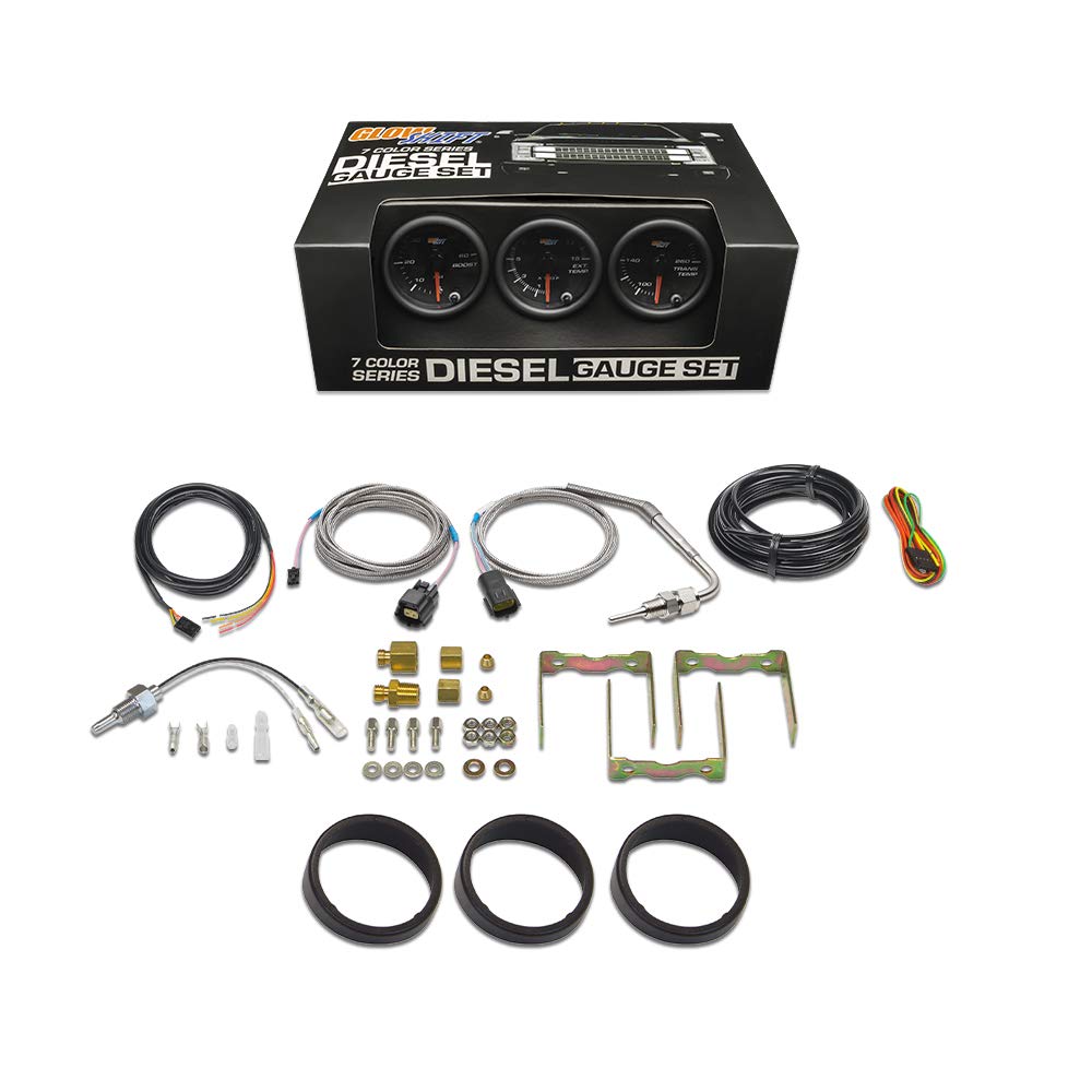 GlowShift Black 7 Color Diesel Truck 3 Gauge Kit Set - 60 PSI Boost - 1500 F Pyrometer Exhaust Gas Temp EGT - Transmission Temperature - Black Dial - Clear Lens - 2-1/16" 52mm