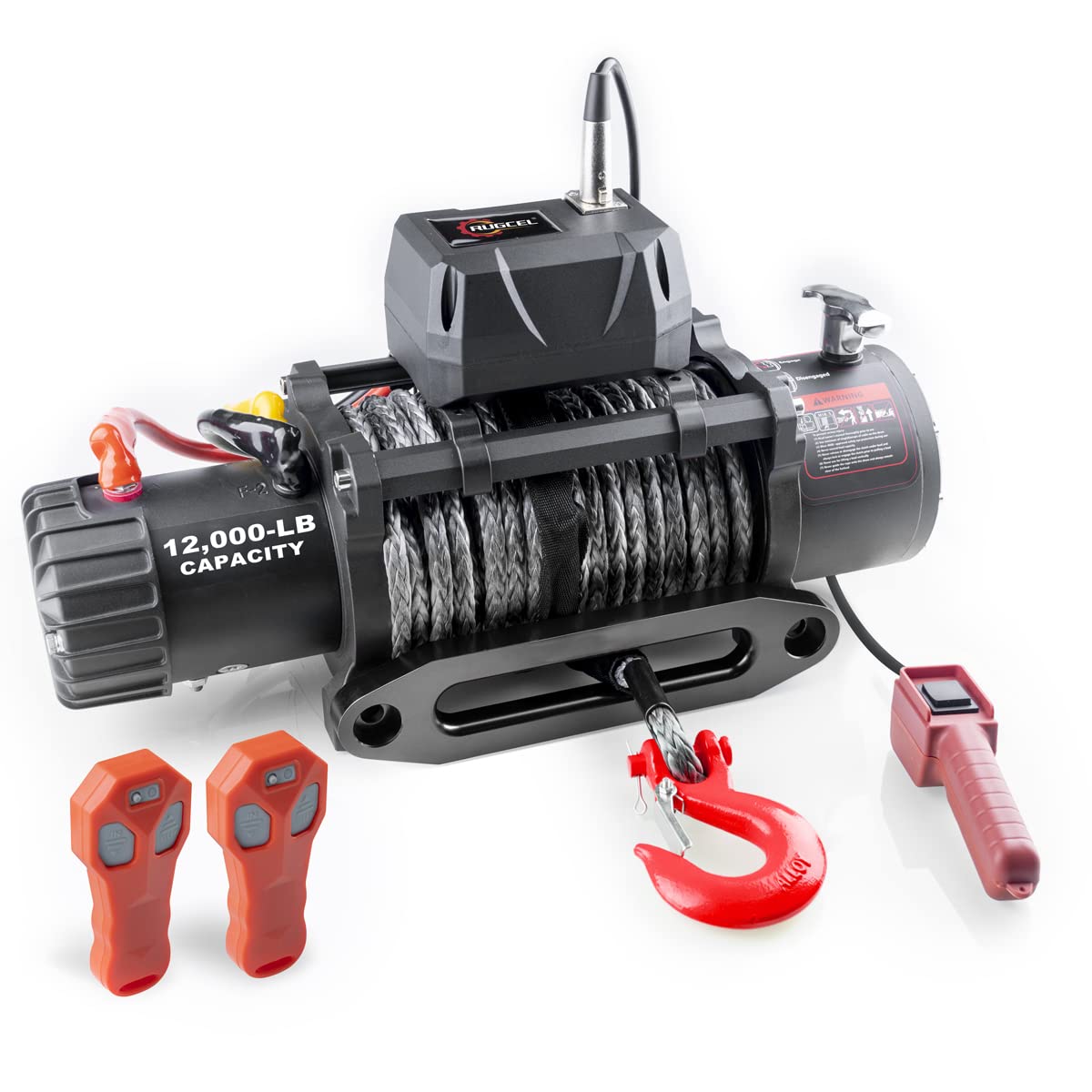 RUGCEL WINCH 12000lb 12V Truck Waterproof Electric Black Synthetic Rope Electric Winch with Hawse Fairlead,Wired Handle,2 Wireless Remote Control,Jeep Trailer Winch
