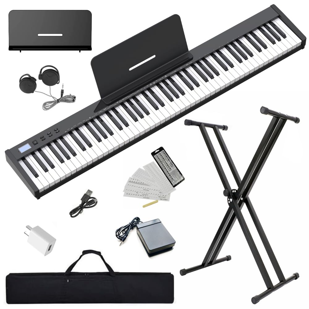 NikoMaku Piano Keyboard 88 Keys Semi-weighted Compact Portable Digital Piano Set for Beginners with Stand, Carrying Case, Sustain Pedal, Headphones, SWAN-S Black