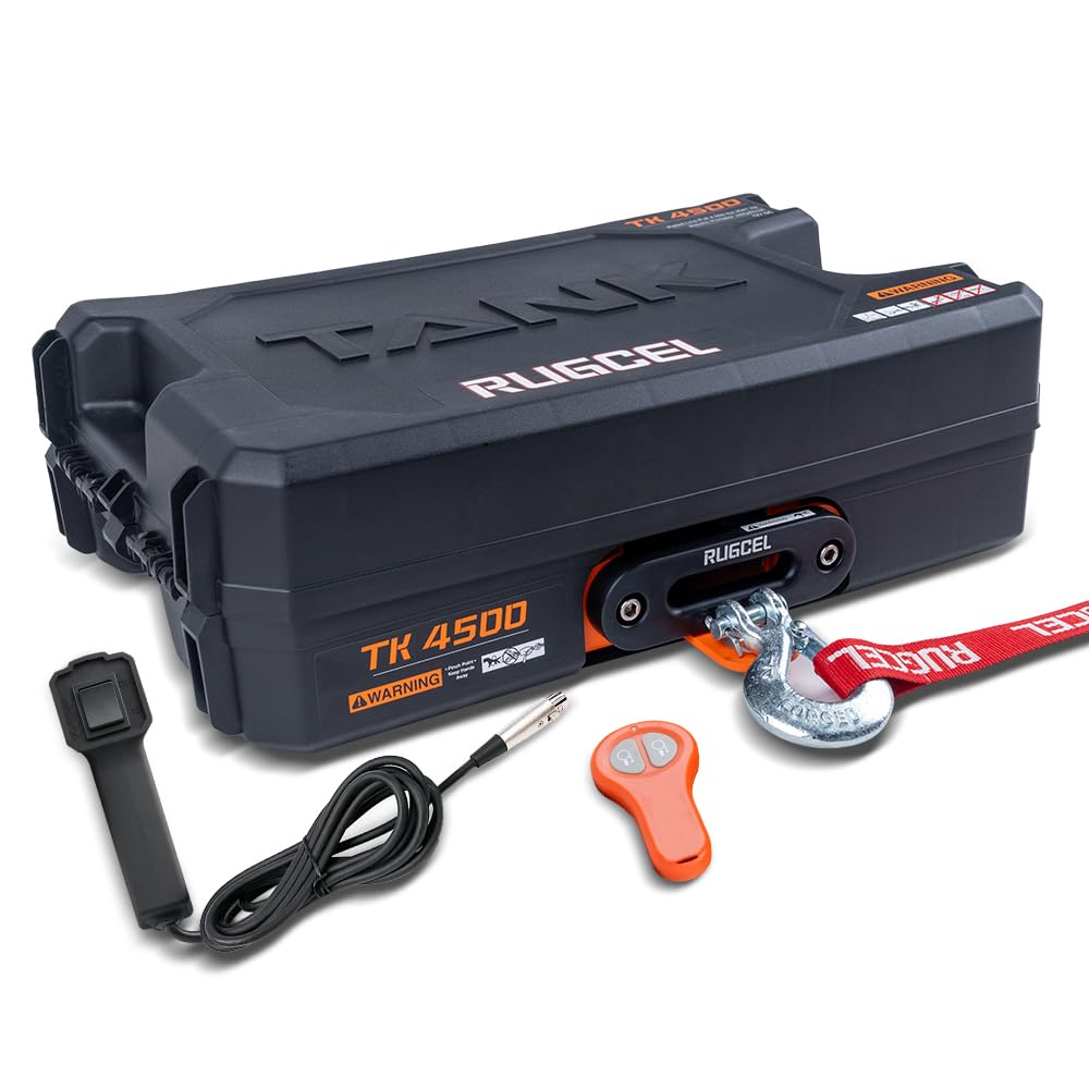 RUGCEL WINCH 12V DC Electric Portable Utility Winch 4500lb/2041kg Single Line Pull with Steel Mounting Plate, Integrated Hawse Fairlead and Synthetic Rope,Wiress Remote, Black