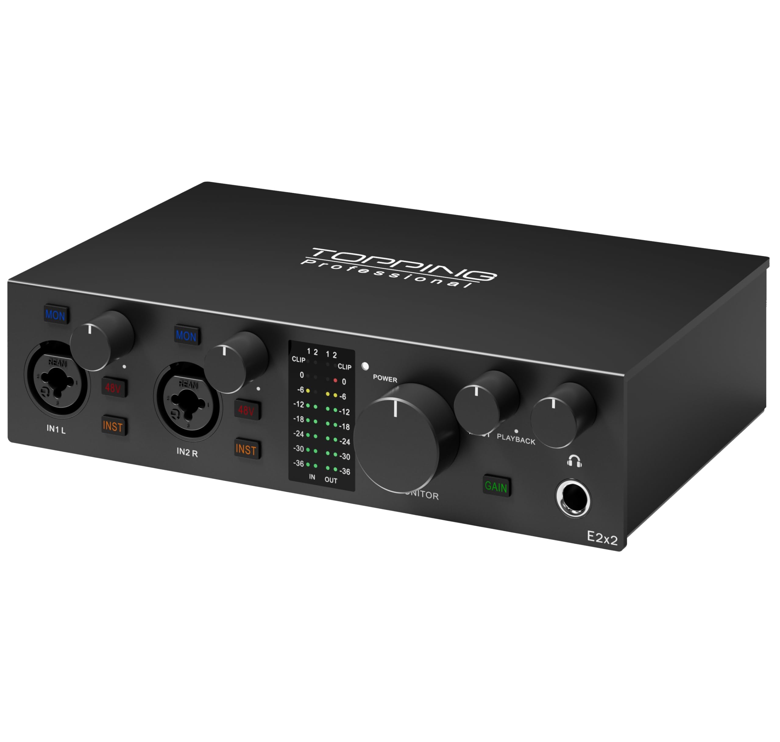 TOPPING E2X2 USB Audio Interface - High-Performance Mixer & Recording Interface for PC, Mac, iPhone & Android - Ultra-Linear Preamp, 48V Phantom Power, Low Noise, Real-Time Monitoring (Black)