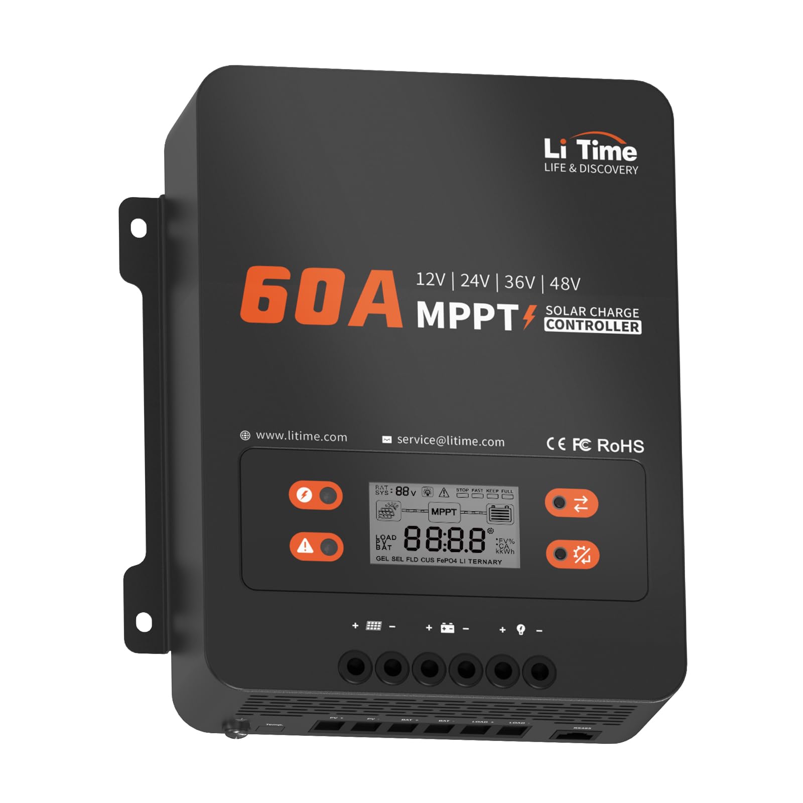 LiTime 60 Amp MPPT 12V/24V/48V Solar Charge Controller , DC Input Parameter Adjustable LCD Display & LED Indicators(No Build-in Bluetooth)