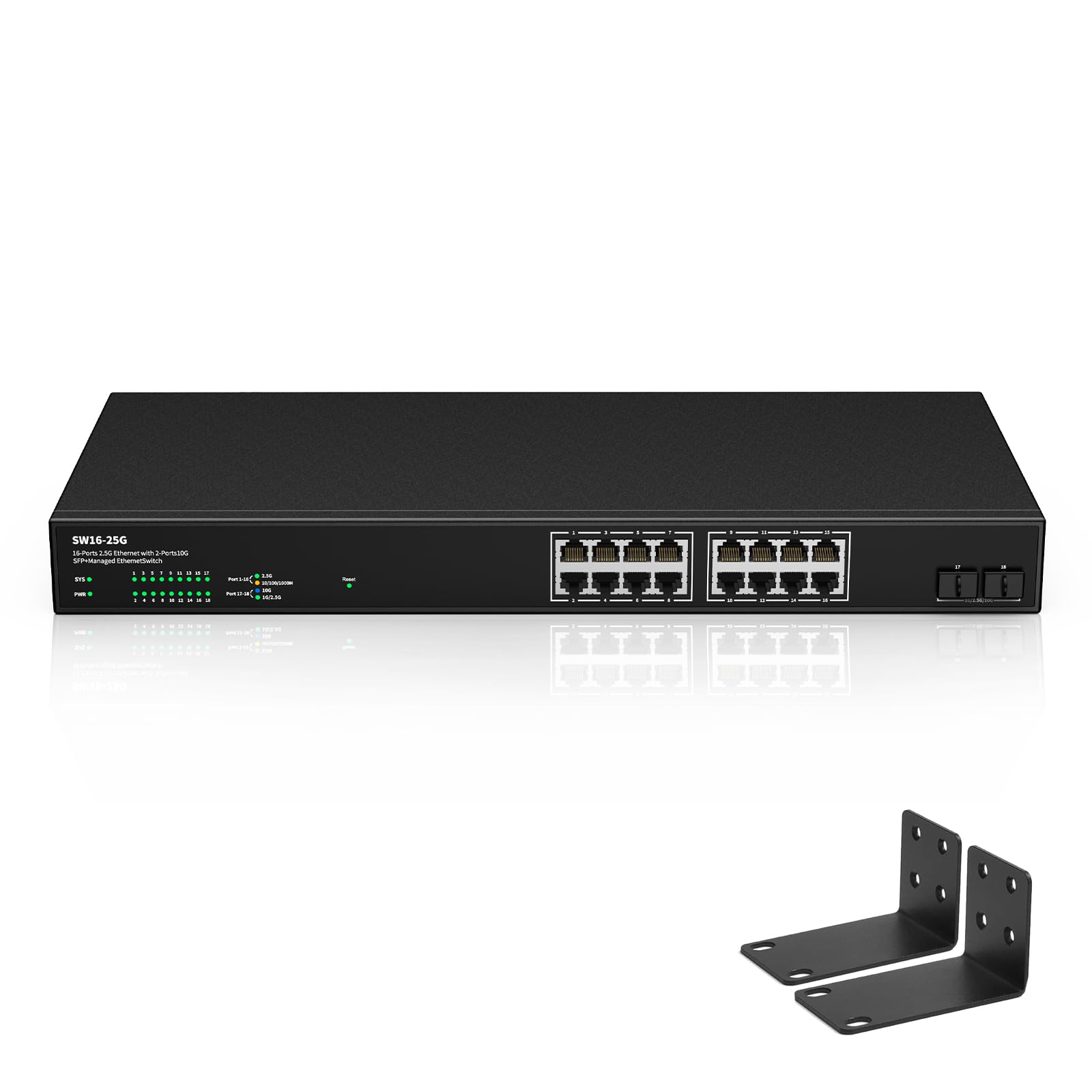 Real HD 16 Port 2.5Gb Web Managed Ethernet Network Switch with 16 x 2.5G Base-T Port | 2 x 10G SFP+ | Work with 10-100-1000Mbps | 120G Bandwidth | Fanless Quiet | Rack Mount | Sturdy Metal Casing