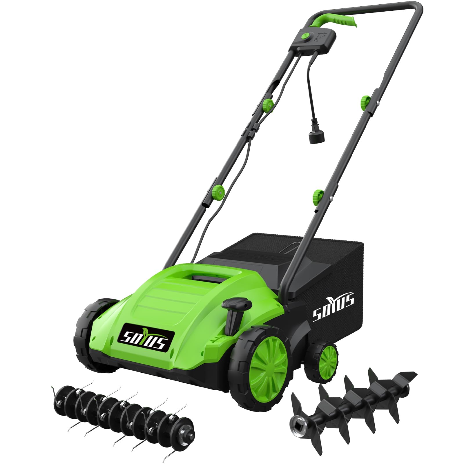 SOYUS Electric Dethatcher and Scarifier with 30L Collection Bag, 13-Inch 12 Amp 2-in-1 Corded Lawn Dethatcher with 4-Postion Depth Adjustment, Quick-Fold, Increases Lawn Health