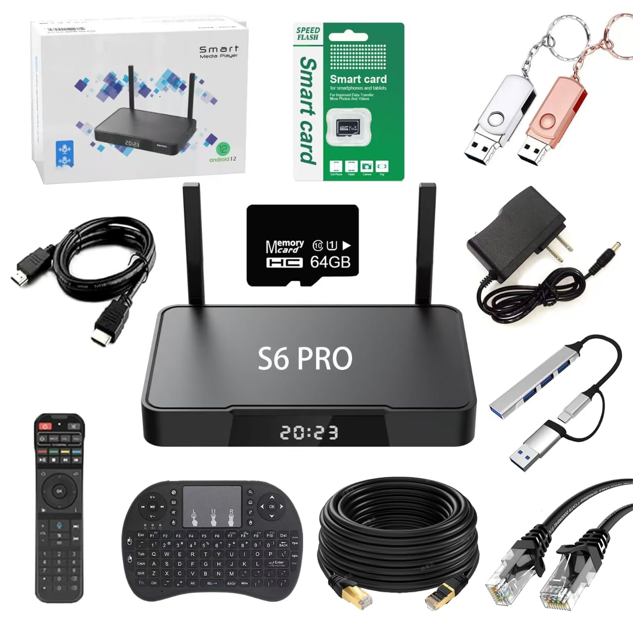 S6 Pro 2025 Elite Fully Loaded S6 Max S6 Ultra Ultra HD Built-in Voice Remote Control Full Keyboard HDMI Cable Power Supply TF Card Manual Instruction