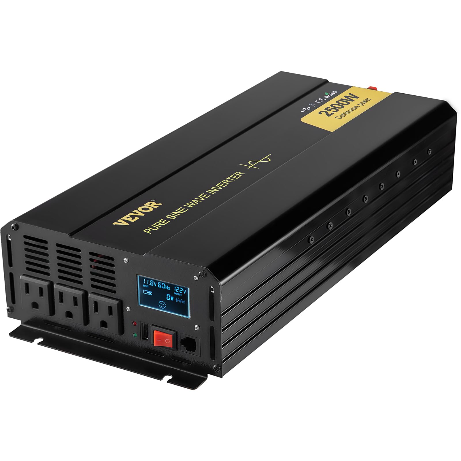 VEVOR Pure Sine Wave Inverter, 2500 Watt Power Inverter, DC 12V to AC 120V Car Inverter, with USB Port, LCD Display, and Remote Controller Power Converter, for RV Truck Car Solar System Travel Camping