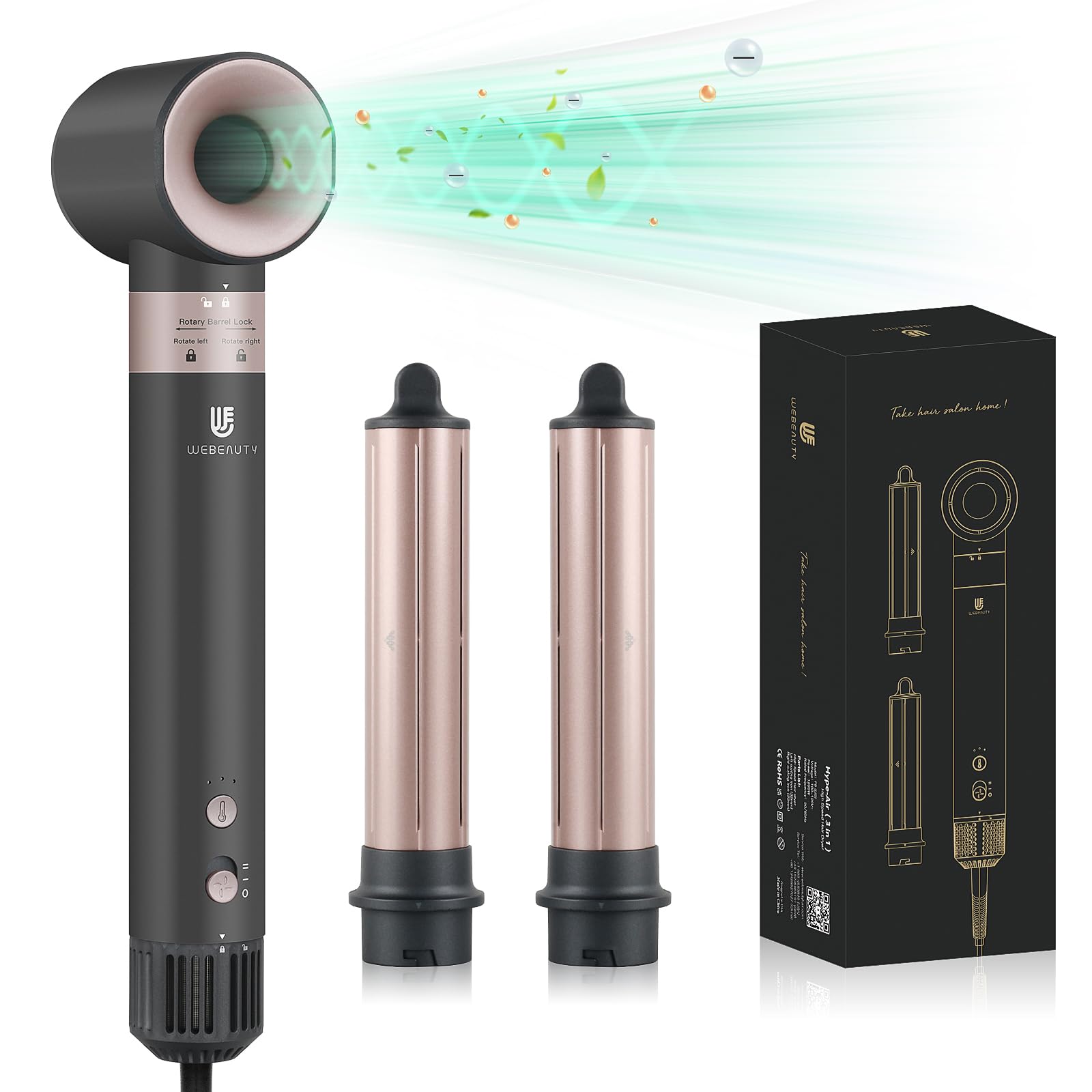 Hair Dryer Brush Hot Air Styler| 4 in 1 Professional Blow Dryers Hair Styling Tool Set with 1 1/4 Inch Auto Air Curling Wand Hair Curler, Negative Ionic for Fast Drying Curling Volumizing (Black)