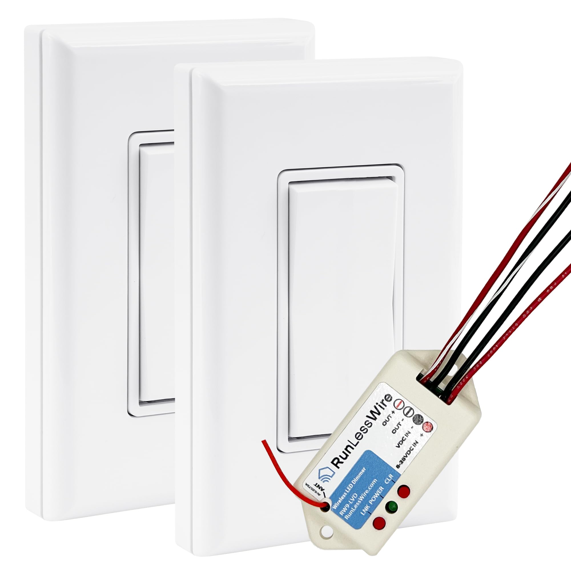 RunLessWire Low Voltage 8-30VDC Dimming Self Powered (NO Batteries) Wireless Light Switch - No Wiring, Battery, or WiFi Needed - 3-Way Low Volt Dimmer Kit: 1 Receiver, 2 Switches - White
