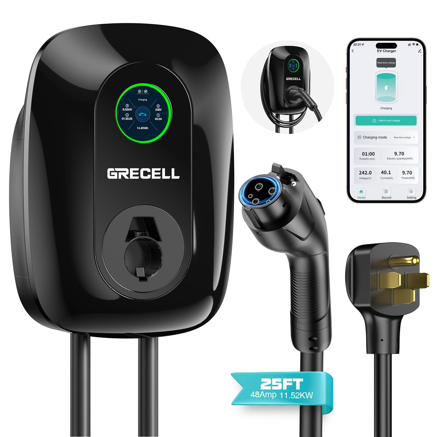 GRECELL Level 2 EV Wall Charger, ETL Certified 48A 11KW 240V J1772 Charger Bluetooth & WiFi Enabled, Electric Car Fast Wall Charging Station, Electric Car Charger with 25FT Cable and NEMA 14-50 Plug