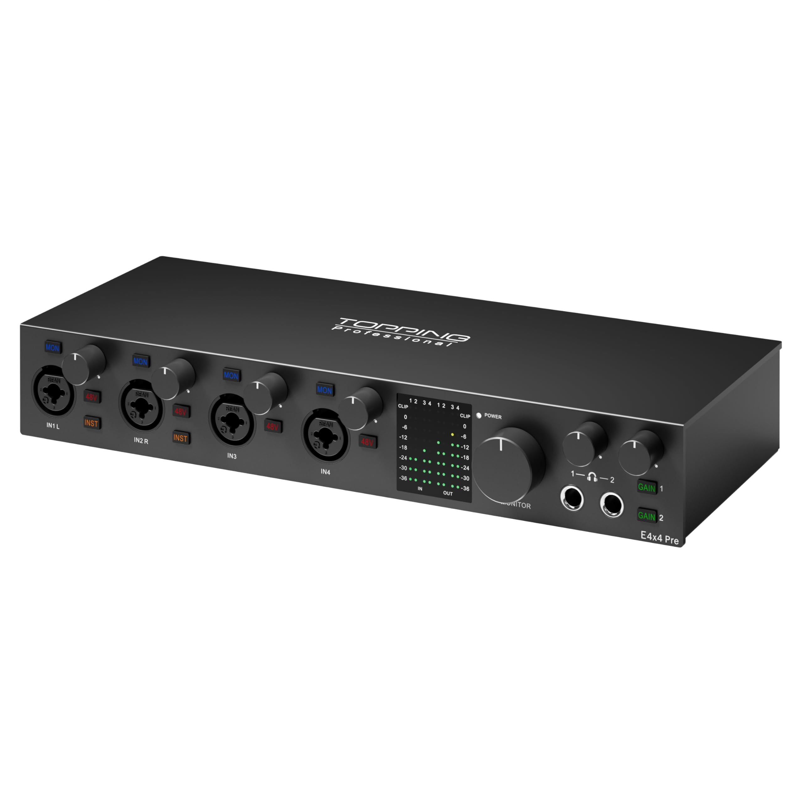 TOPPING E4X4 Pre USB Audio Interface - Dual USB-C Ports, 24bit/192kHz, 4IN/4OUT, Dual Headphone Outputs, Low Noise, Real-Time Monitoring, Mixer, for PC, Mac, iPhone, Professional Recording(Black)