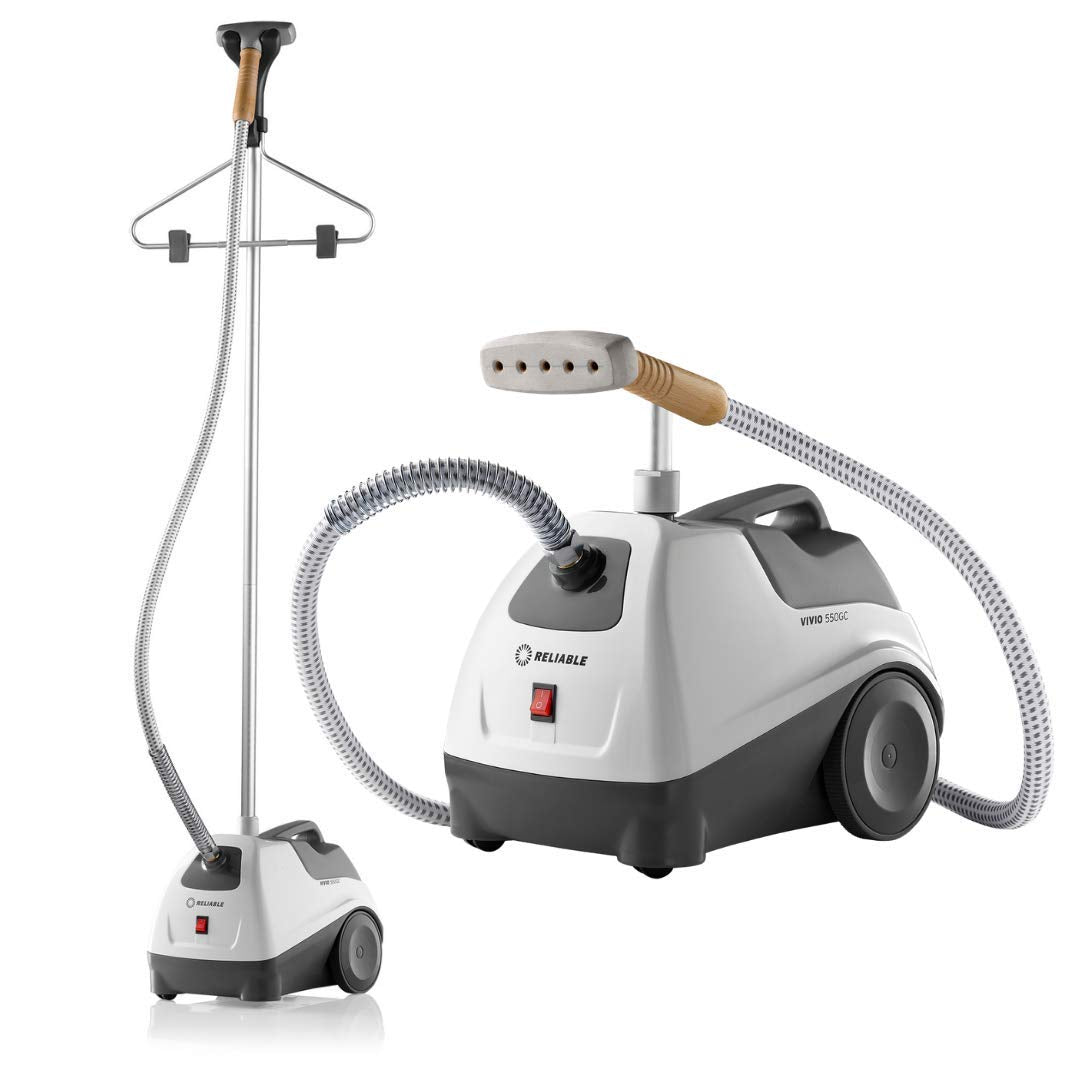 Reliable Vivio 550GC Garment Steamer - Professional Garment Steamer with Heavy Duty Aluminium Steam Head, 1 Gallon Water Capacity, 1300W Brass Fittings, Large Wheels for Mobility and 63 in. Steam Hose