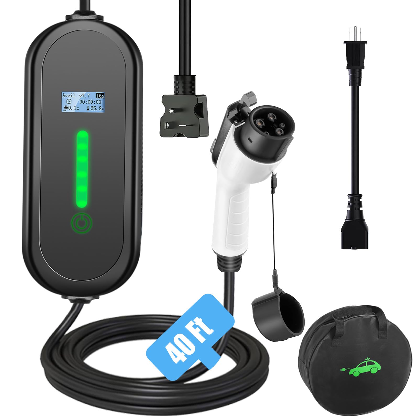 ENERGYGENIE 40Ft Cord EV Charger, 16Amp 110V/240V Portable Level 1 Level 2 Electric Vehicle Charging Station with NEMA 6-20 Plug & NEMA 5-15 Adapter for J1772 Electric Cars